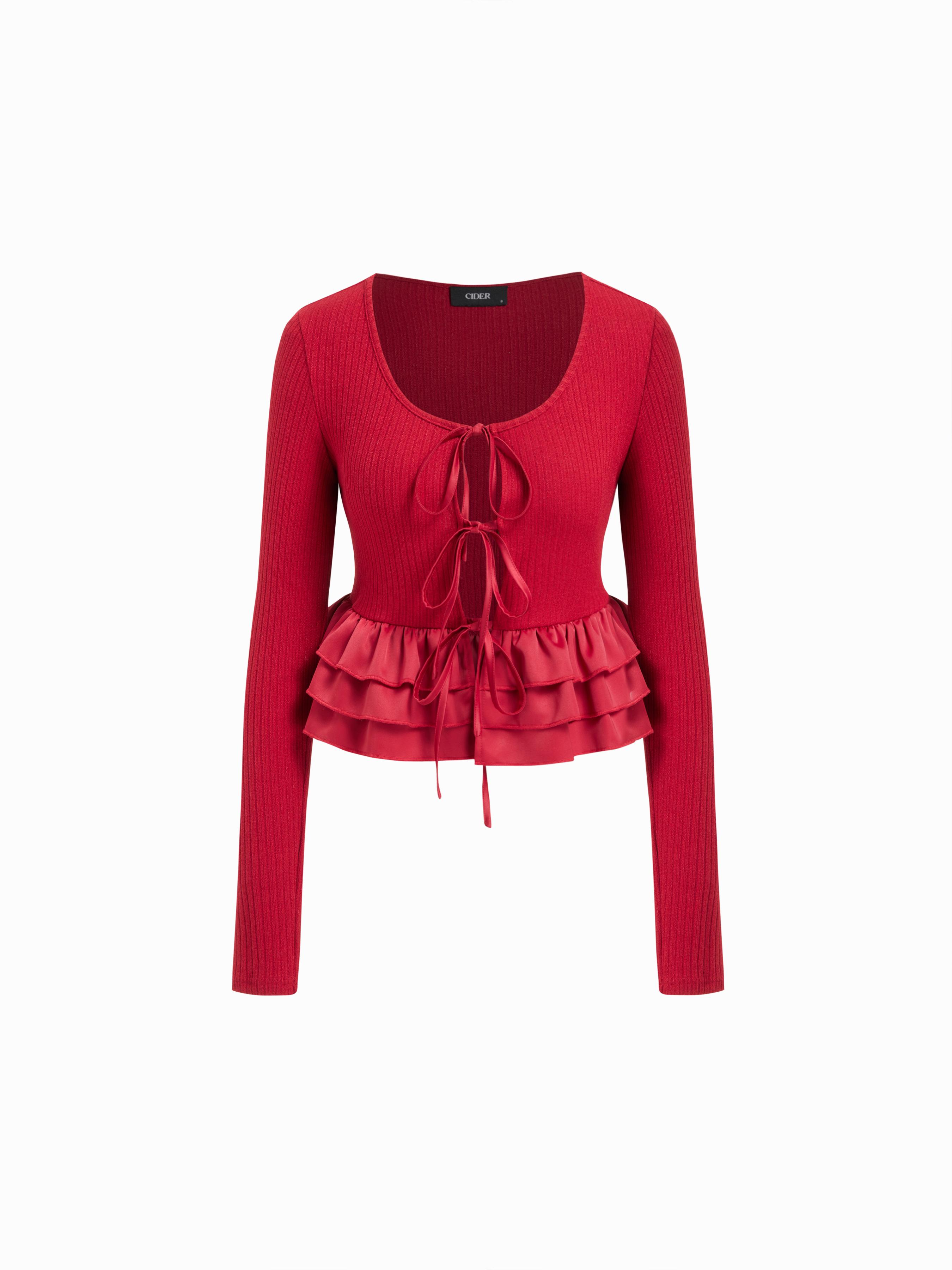 U-neckline Tie Front Ruffle Hem Top by CIDER