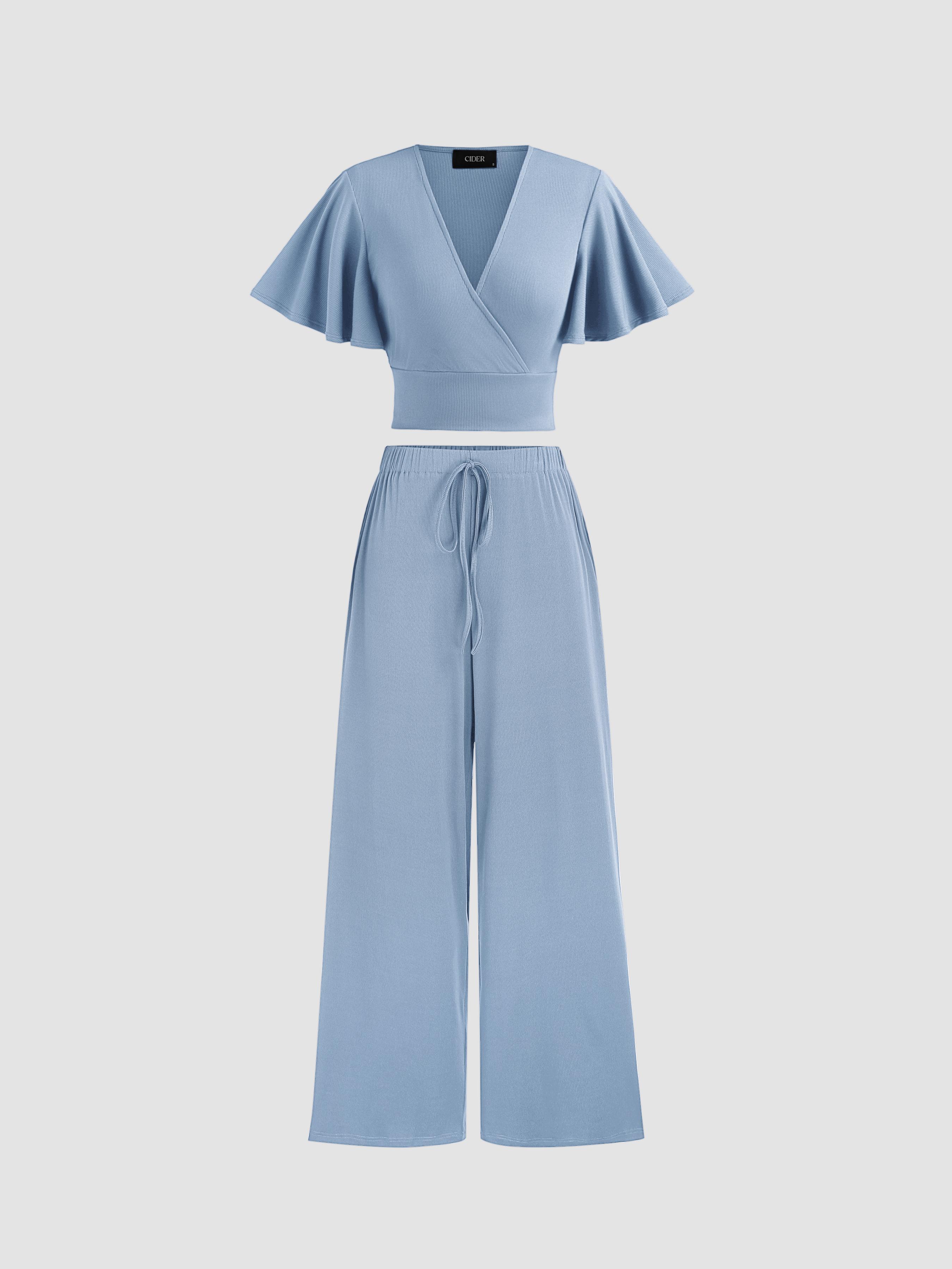 V-Ausschnitt Einfarbiges Gerafftes Crop Top & Hose Zusammenpassendes Set by CIDER