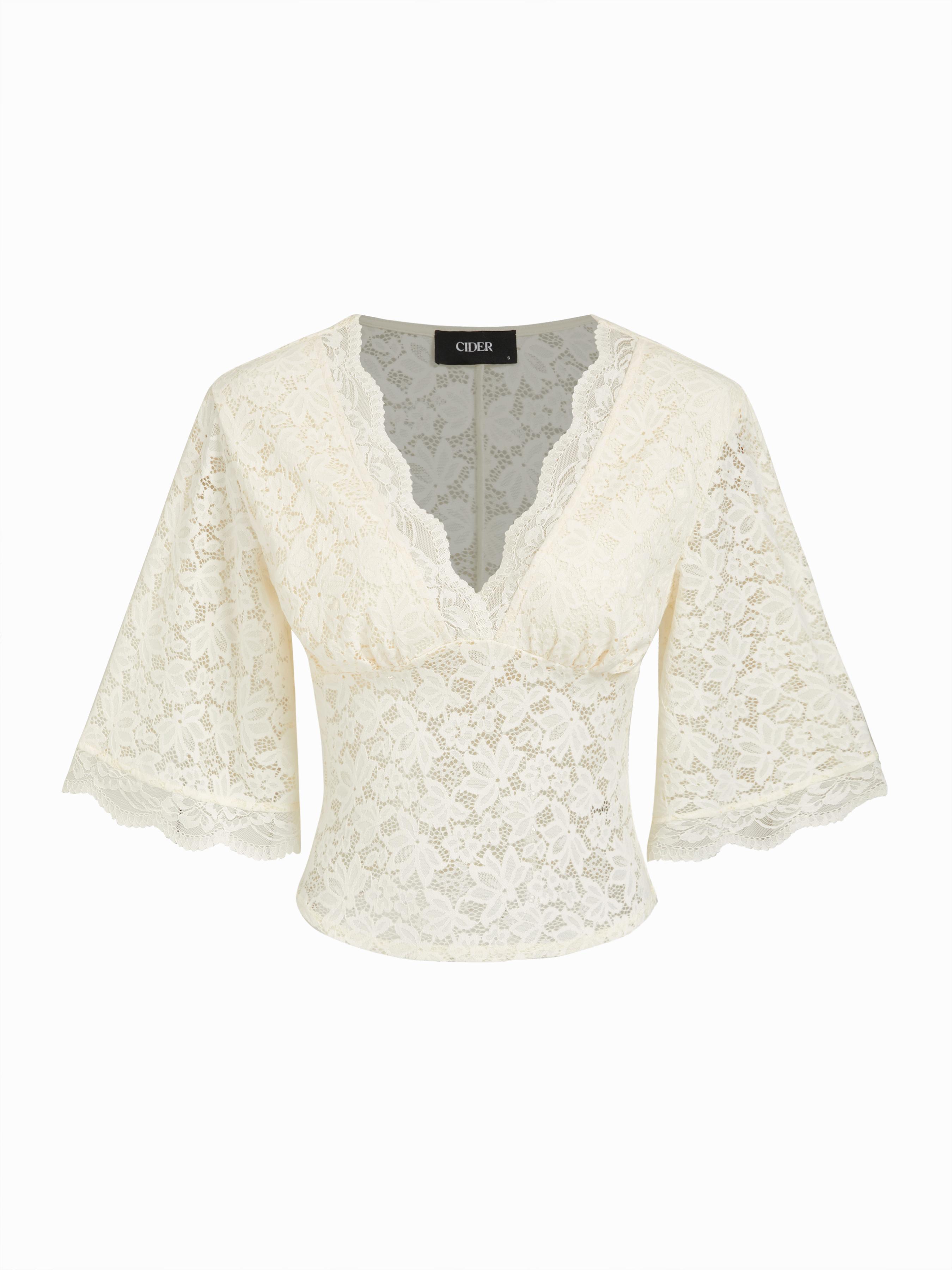 V-Neck Guipure Lace Bell Sleeve Cropped Top by CIDER