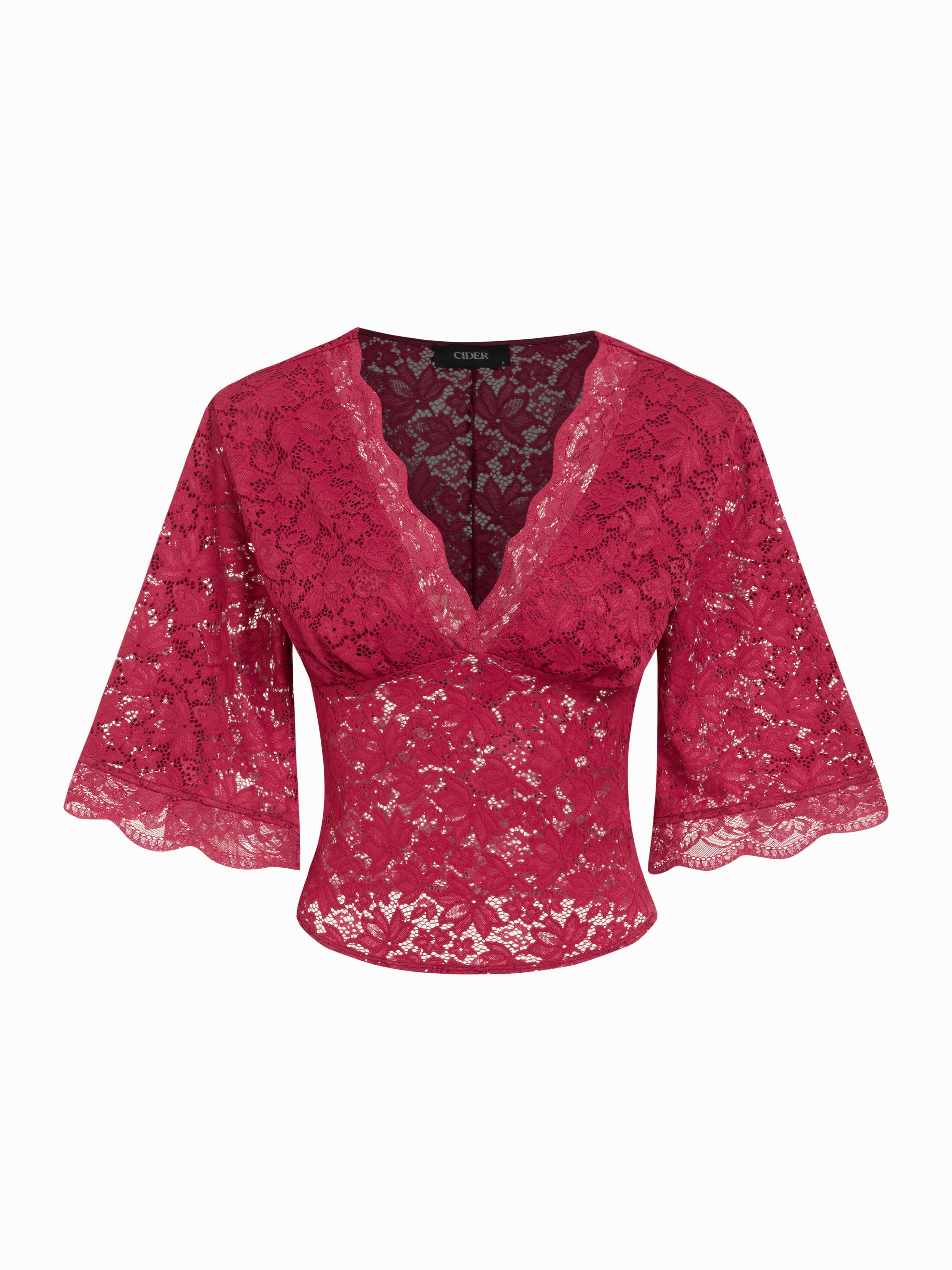 V-Neck Guipure Lace Bell Sleeve Cropped Top by CIDER