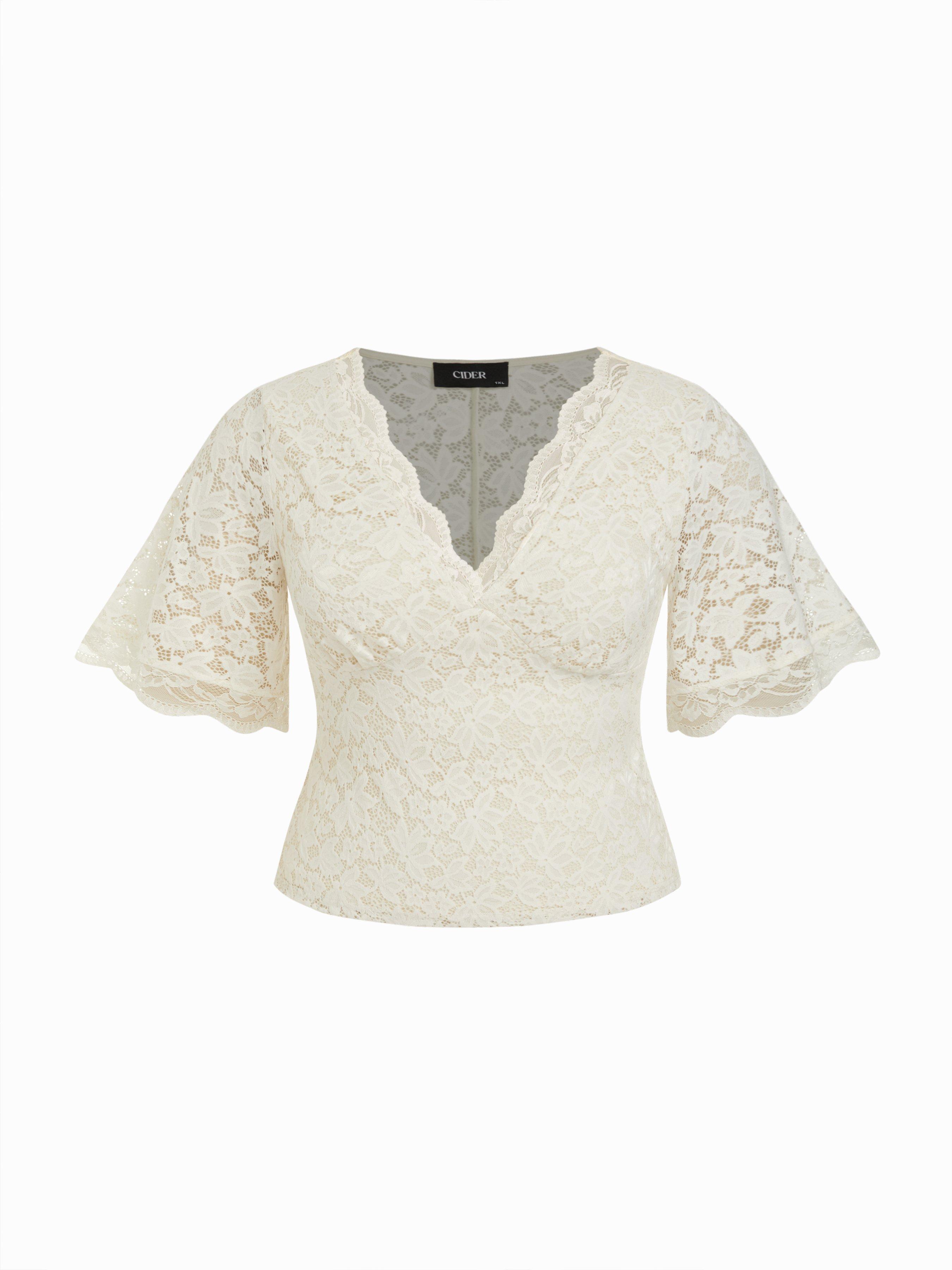 V-Neck Guipure Lace Ruffle Sleeve Crop Top Curve & Plus by CIDER