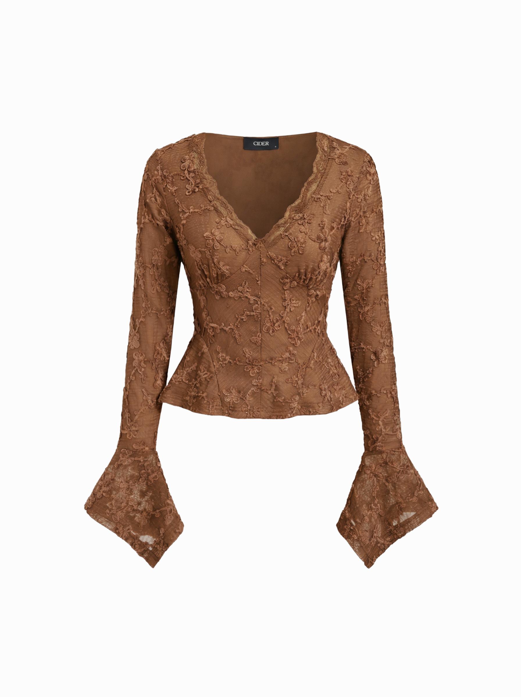 V-Neck Lace mesh Floral Long Sleeve Top by CIDER