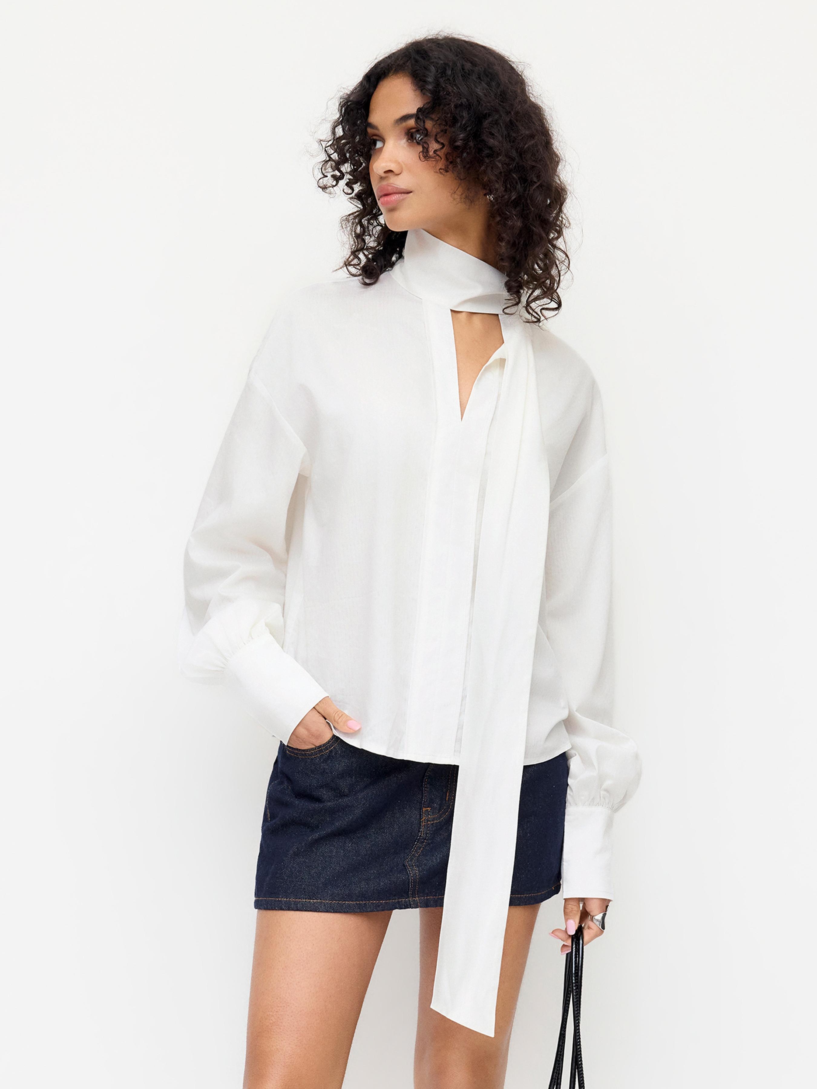 V-Neck Long Sleeve Blouse With Scarf by CIDER