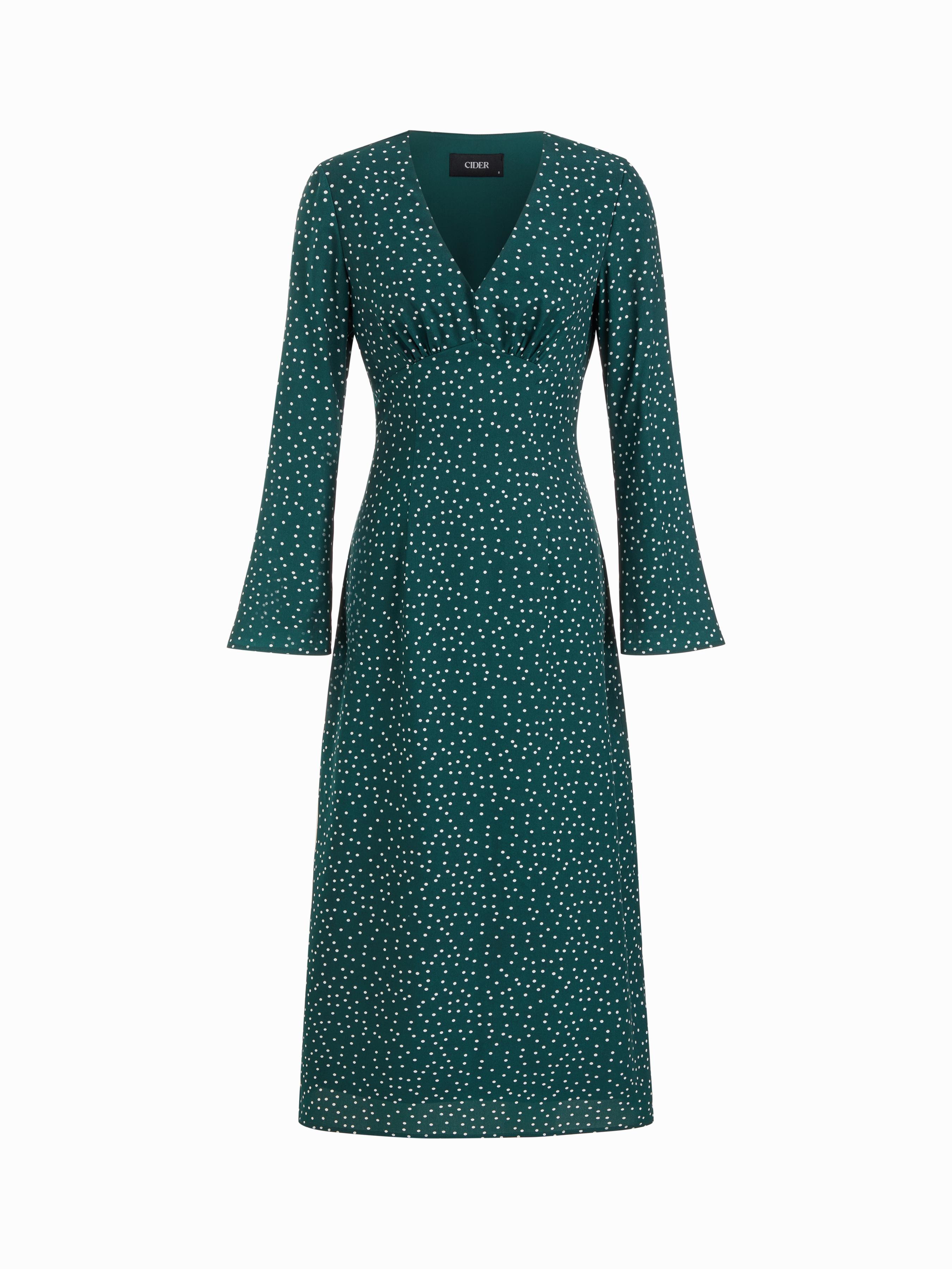 V-Neck Polka Dot Bell Sleeve Ruched Maxi Dress by CIDER