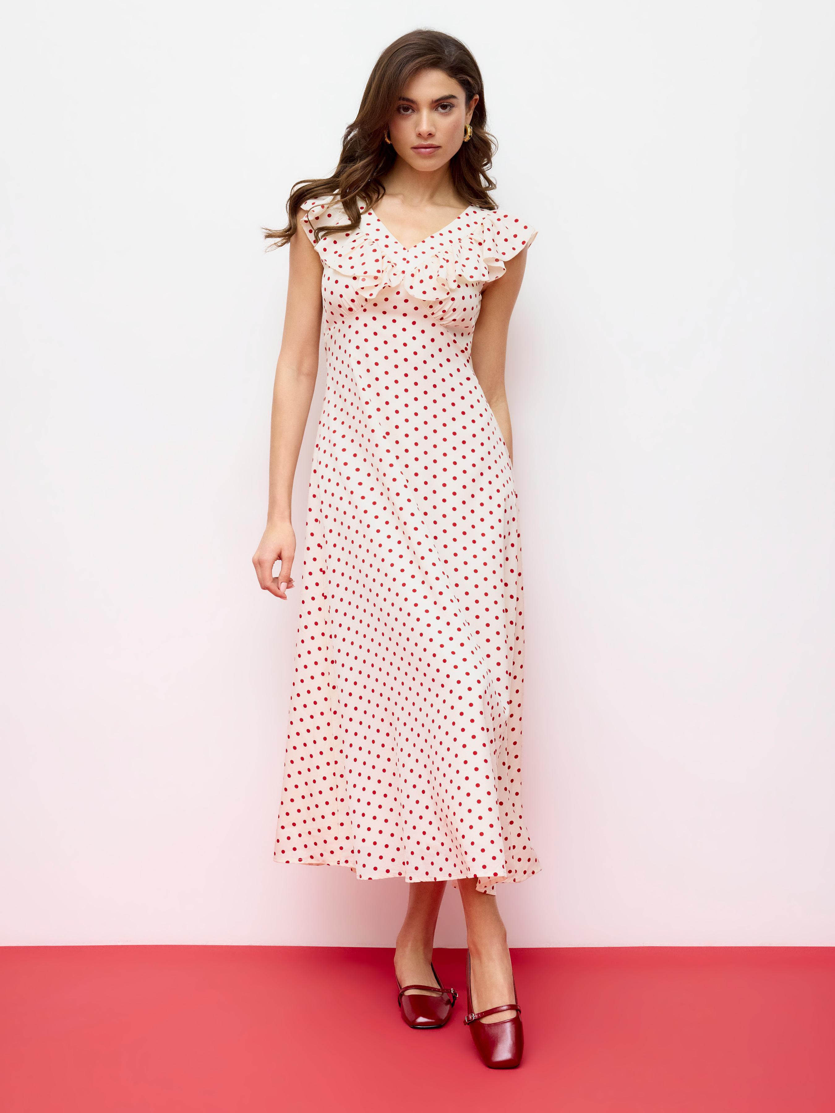 V-Neck Polka Dot Ruffled Maxi Dress by CIDER