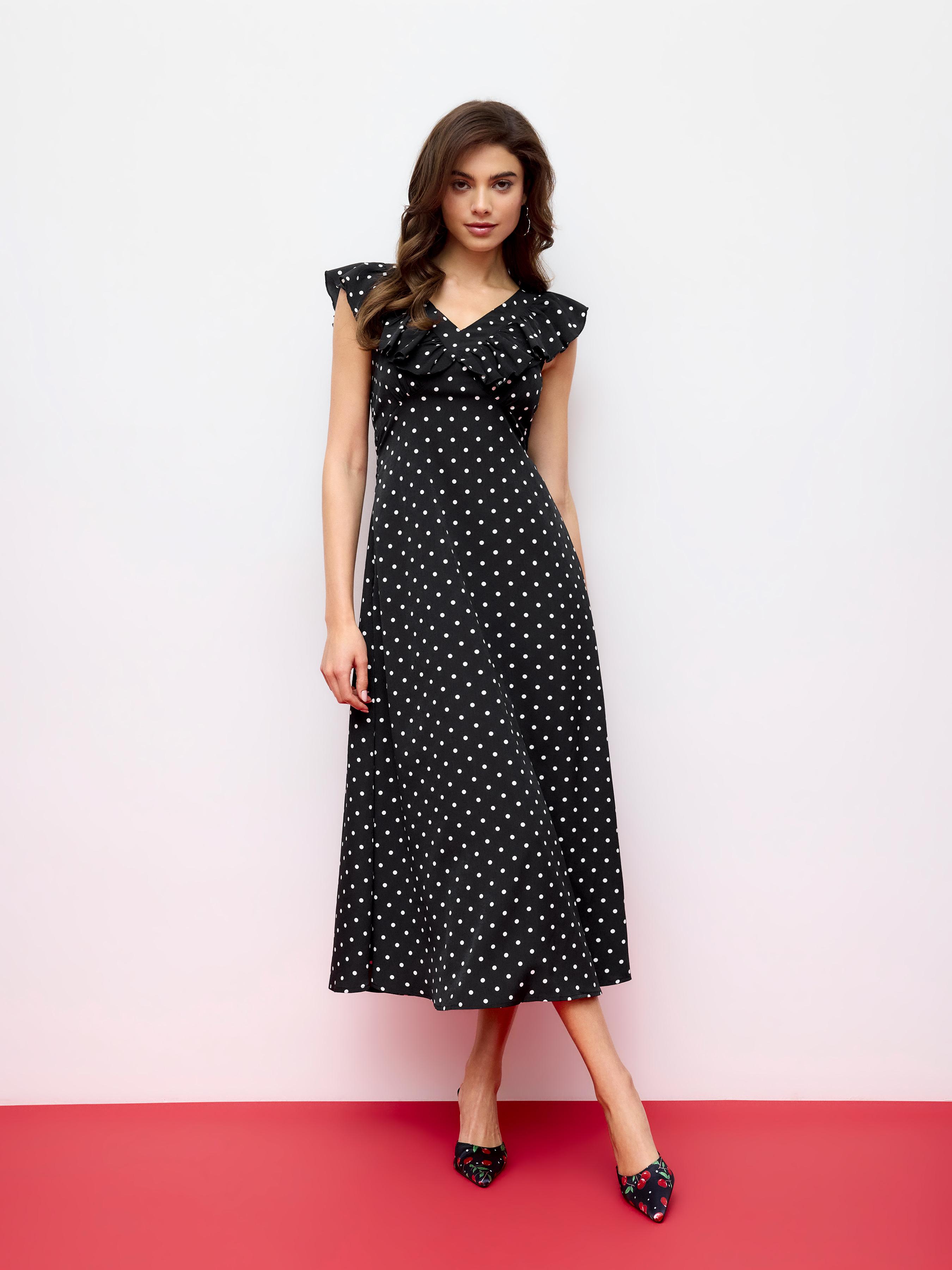 V-Neck Polka Dot Ruffled Maxi Dress by CIDER