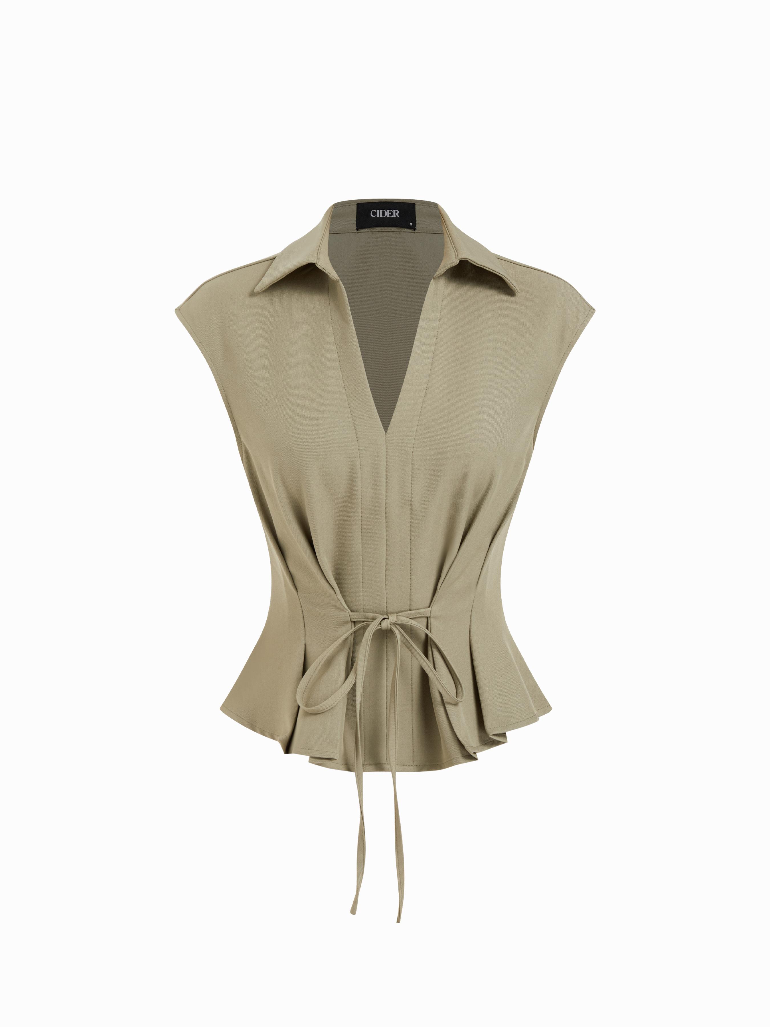 V-Neck Ruched Ruffled Tie Front Blouse by CIDER