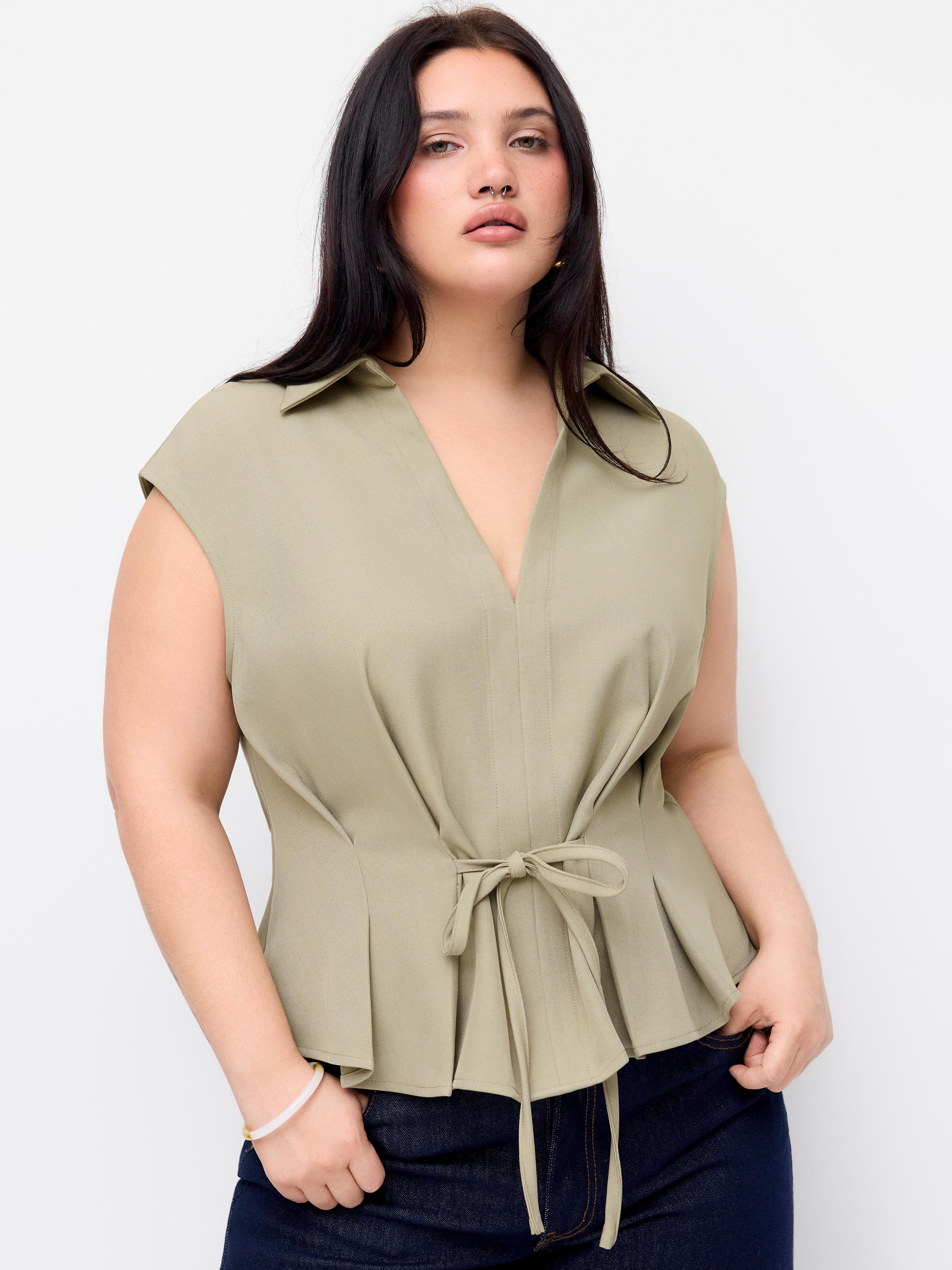 V-Neck Ruched Ruffled Tie Front Blouse Curve & Plus by CIDER