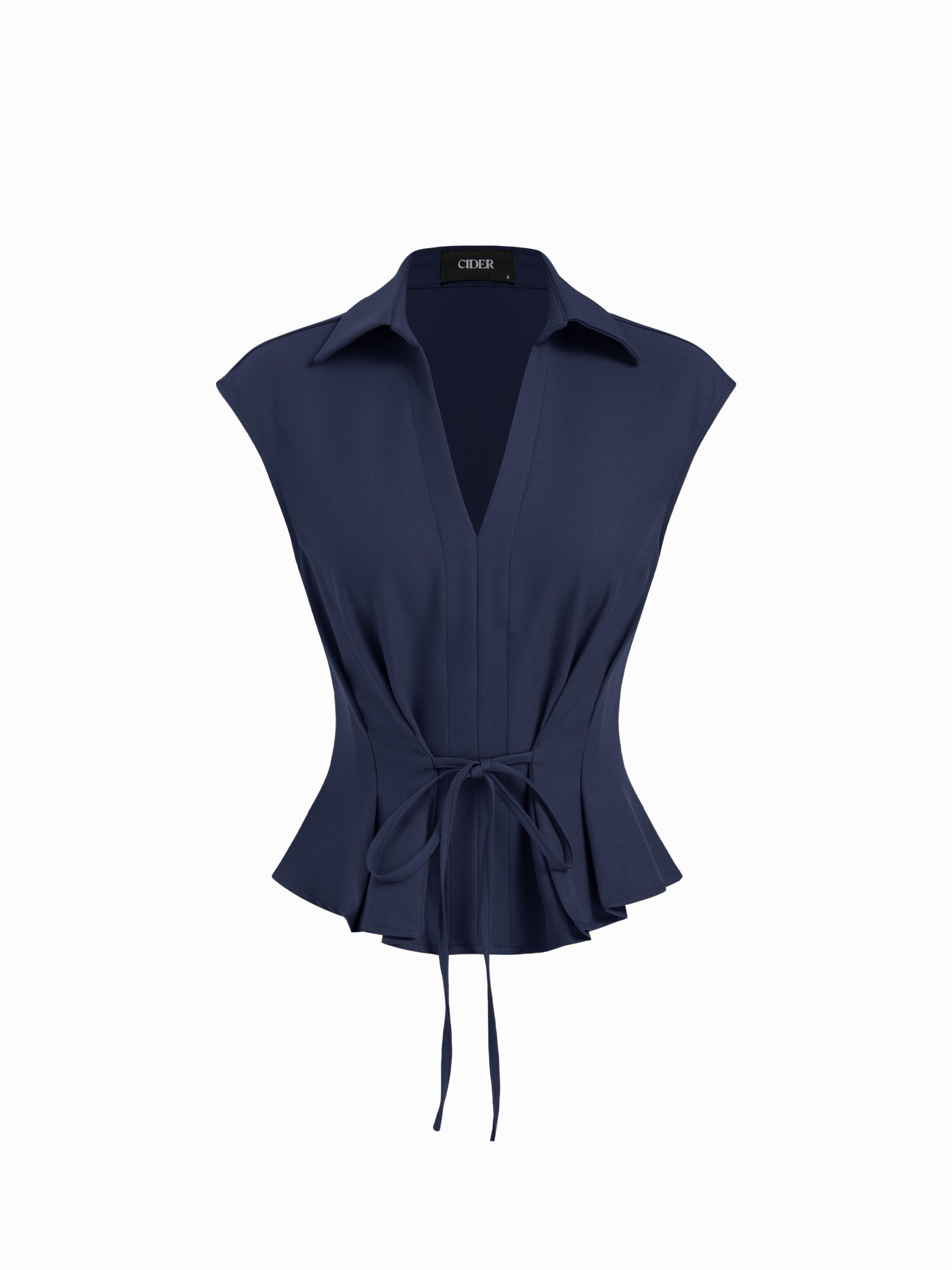 V-Neck Ruched Ruffled Tie Front Blouse by CIDER