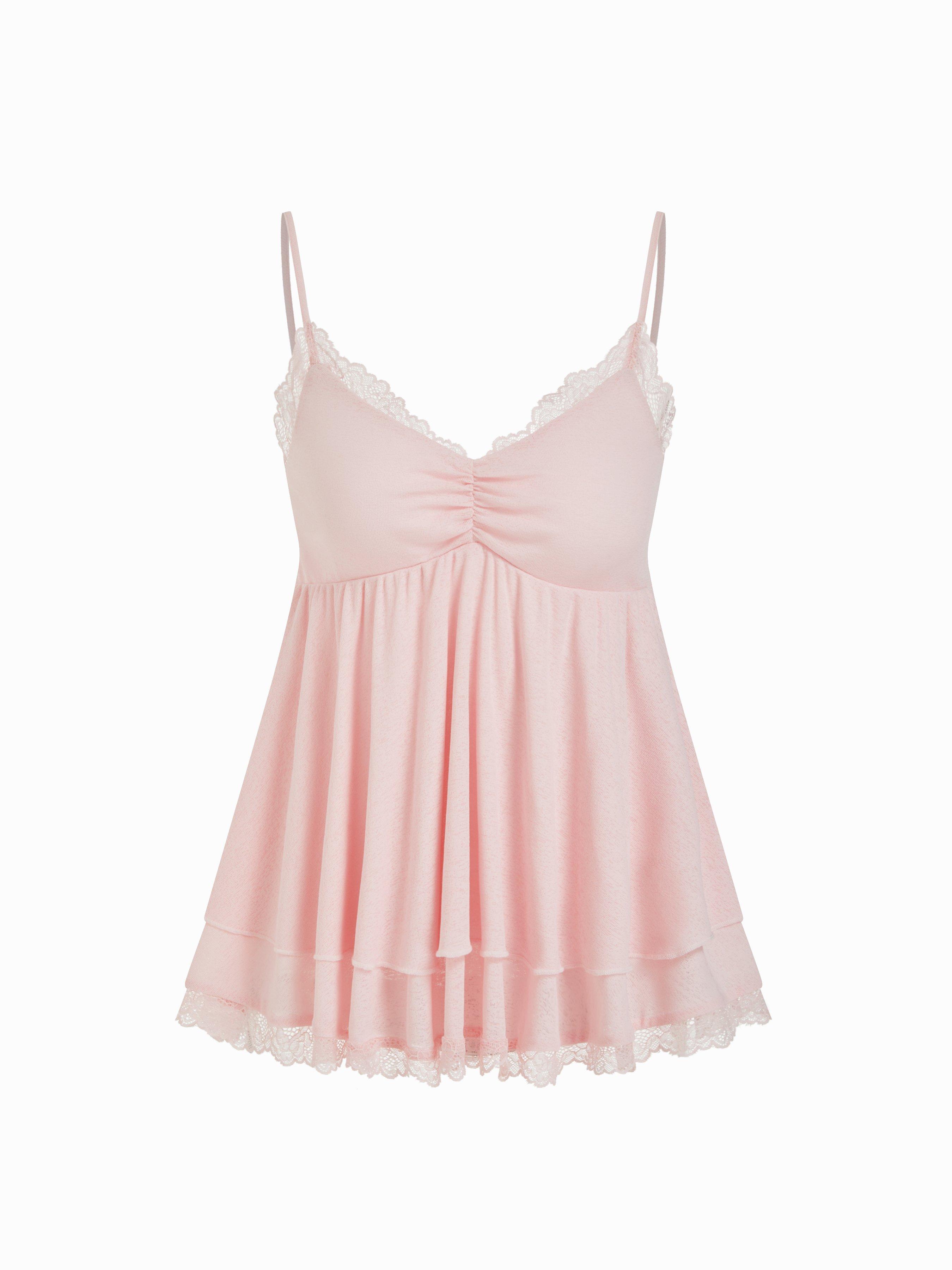 V-Neck Ruffled Ruched Lace Trim Cami Top by CIDER