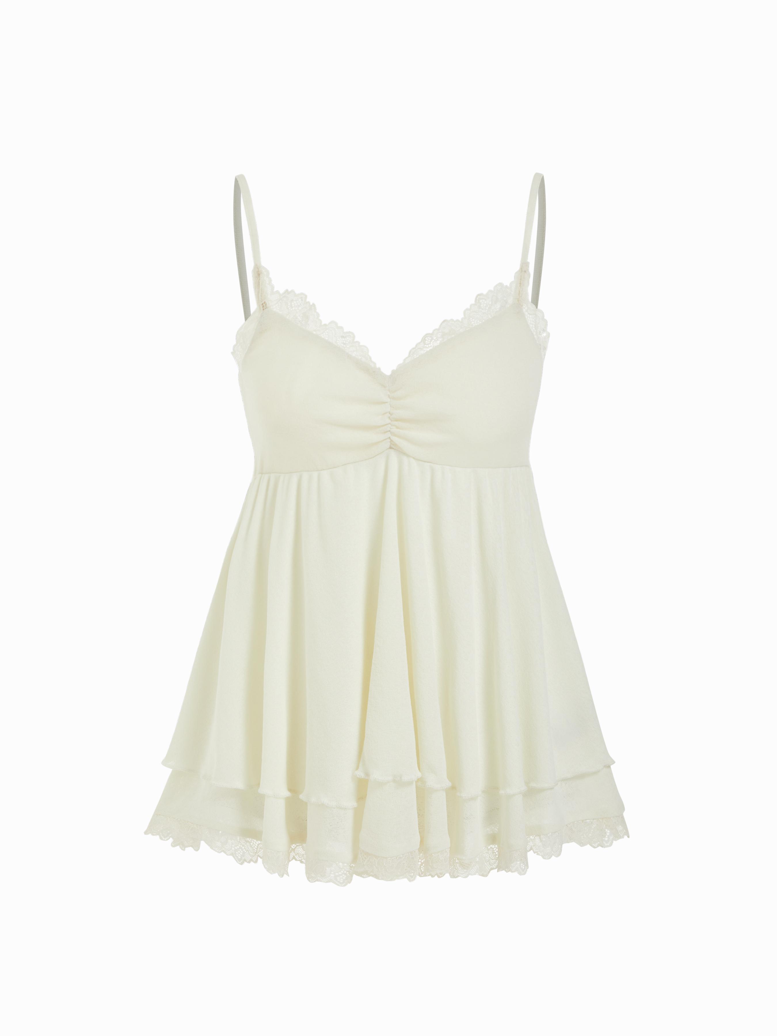 V-Neck Ruffled Ruched Lace Trim Cami Top by CIDER