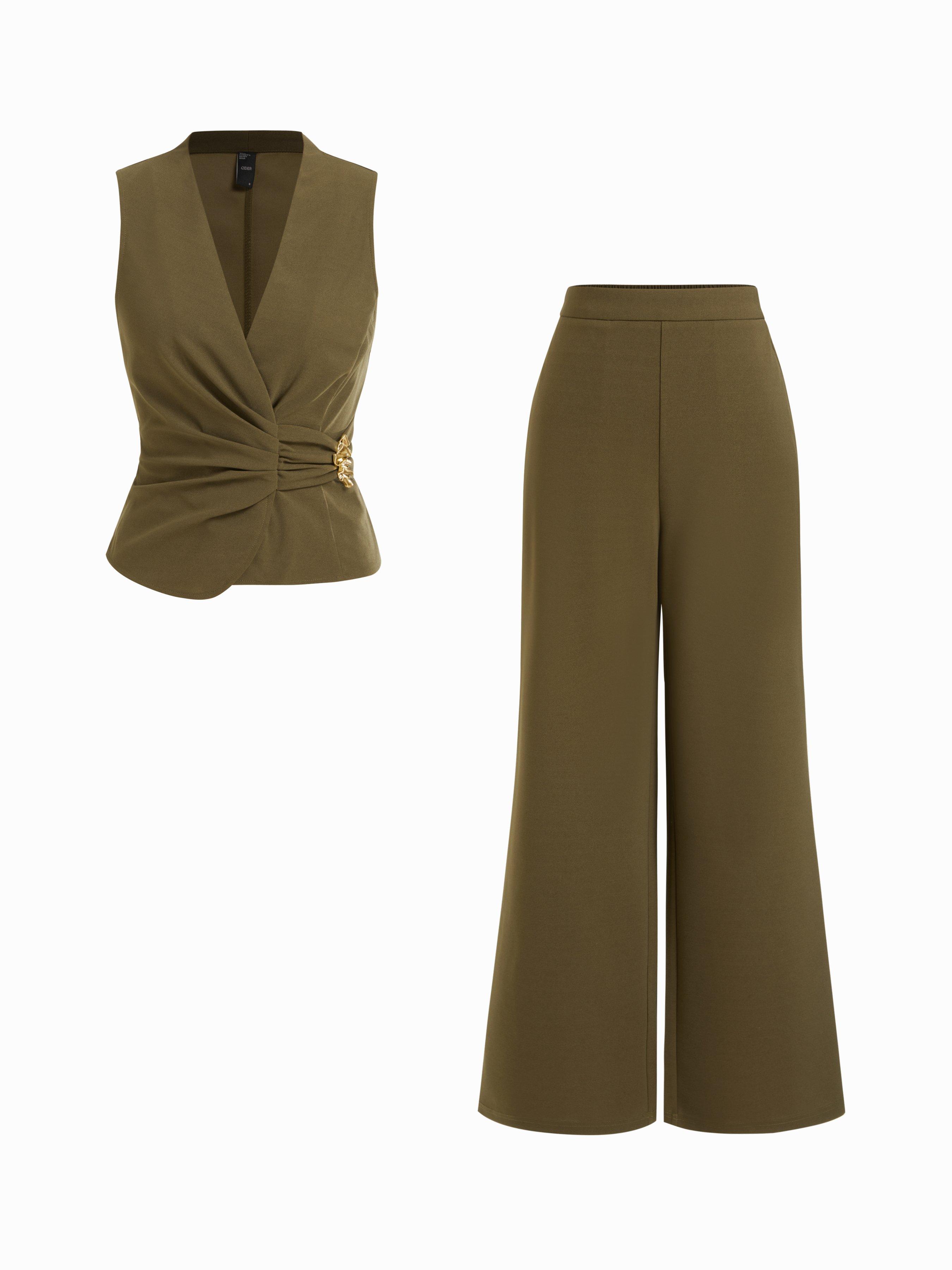 V-Neck Wrap Front Ruched Metal Detailed Top & Mid Rise Wide Leg Trousers Set by CIDER