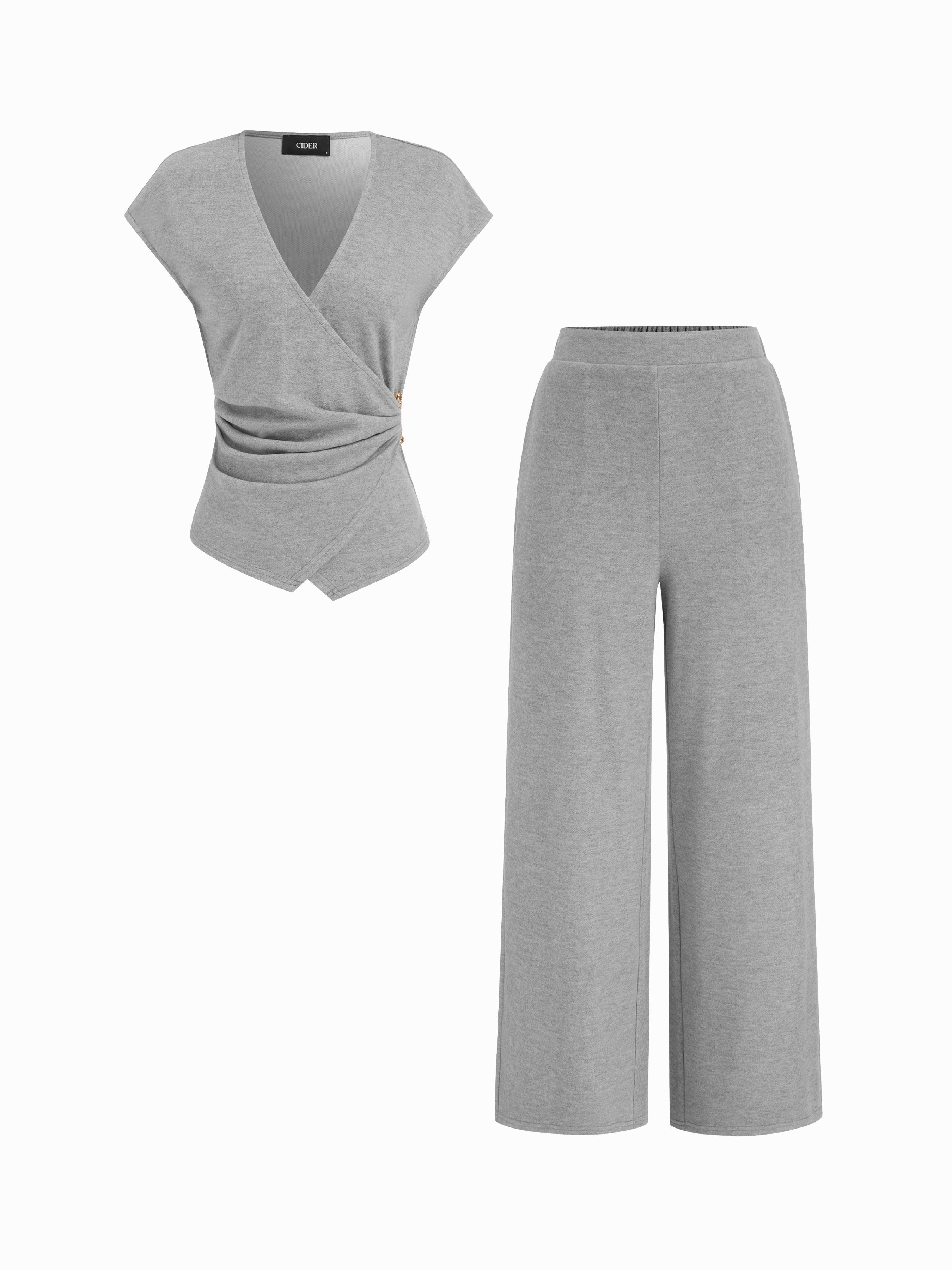 V-neck Asymmetrical Hem Metal Detail Ruched Top & Mid Rise Straight Leg Trousers Set by CIDER