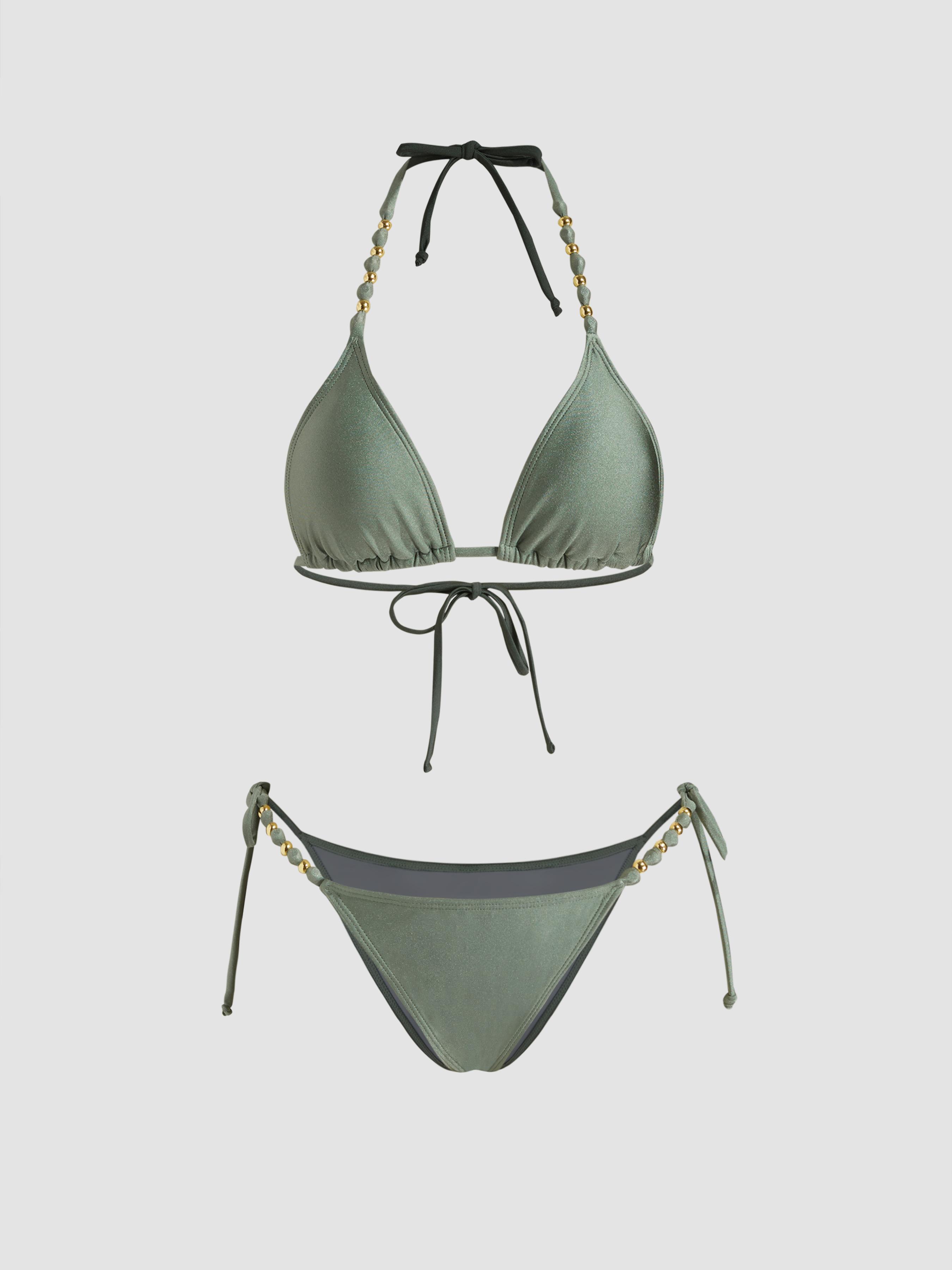 V-neck Beaded Halter Cheeky Bikini Set by CIDER