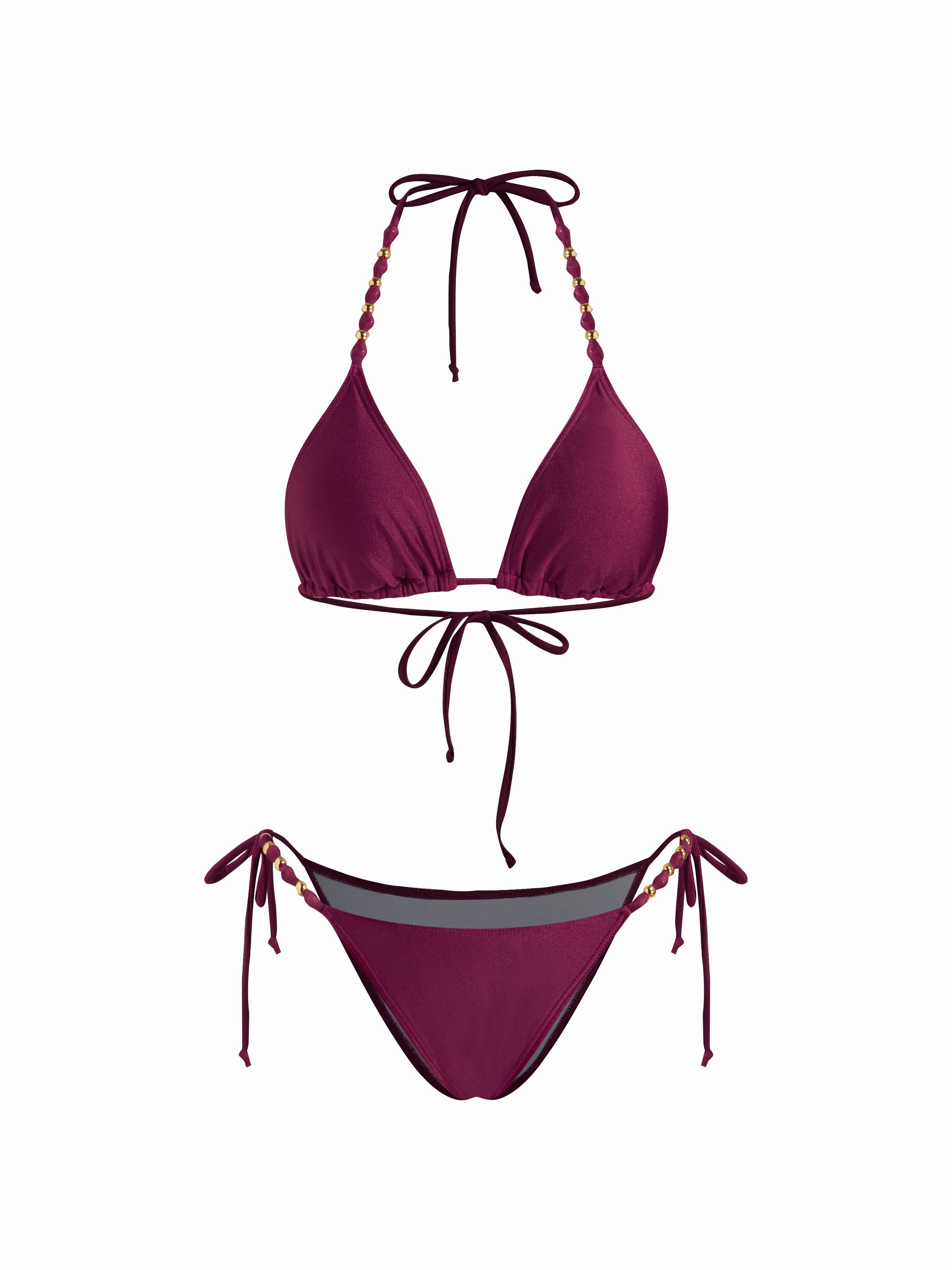 V-neck Beaded Halter Cheeky Bikini Set by CIDER
