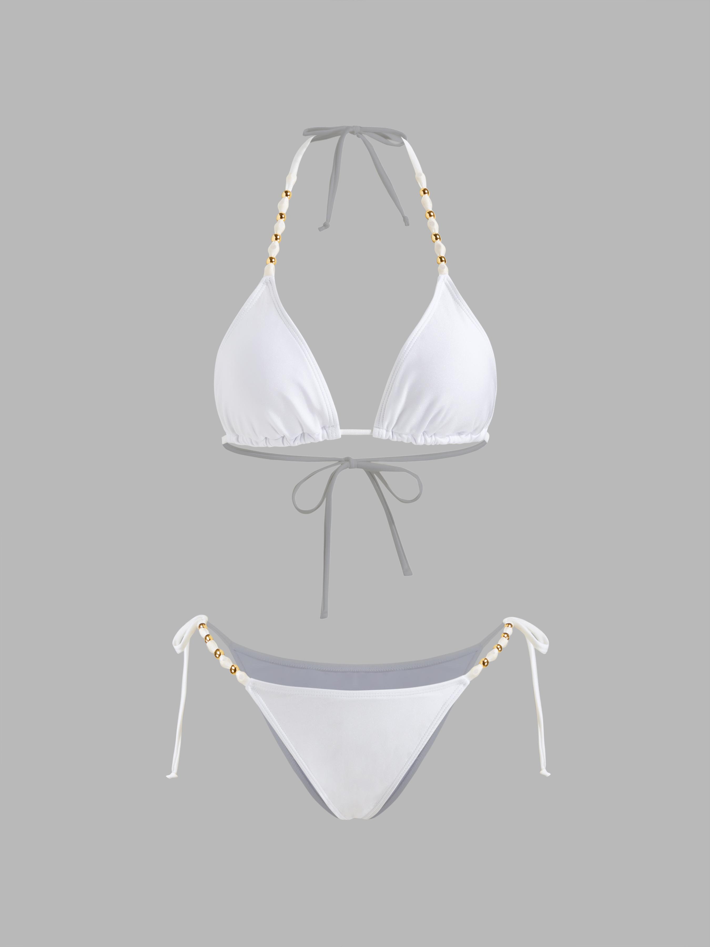 V-neck Beaded Halter Cheeky Bikini Set by CIDER