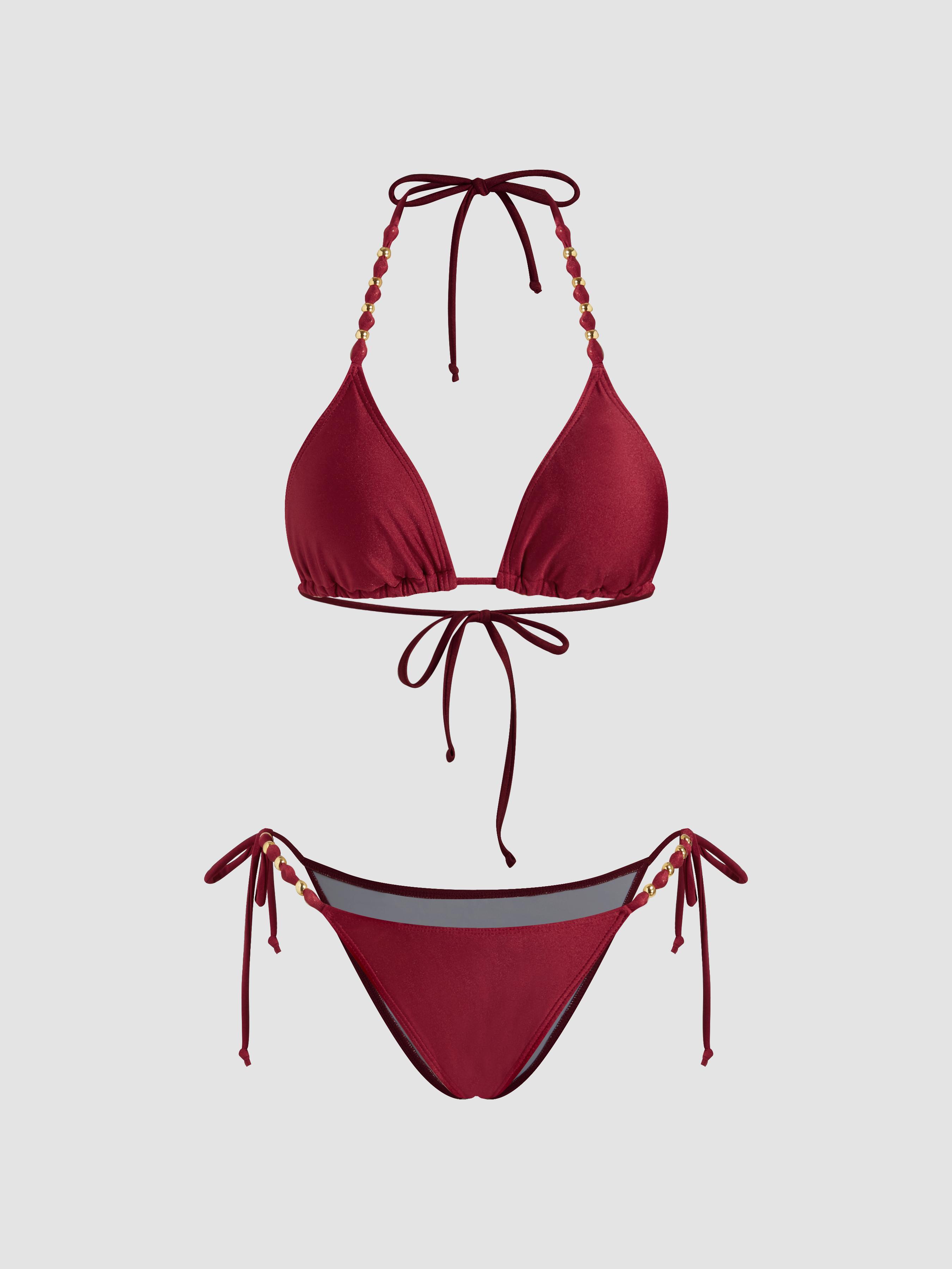 V-neck Beaded Halter Cheeky Bikini Set by CIDER