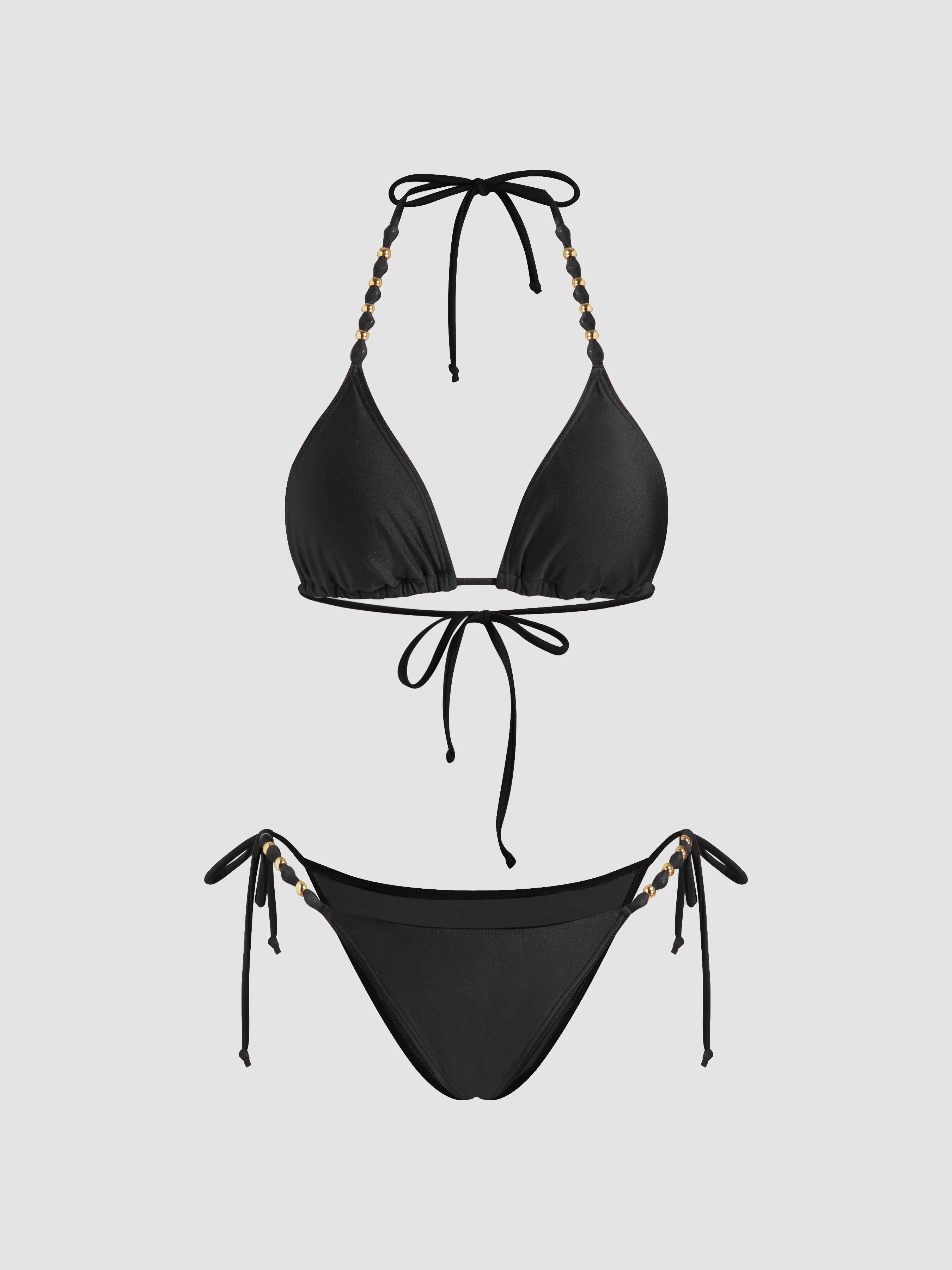 V-neck Beaded Halter Cheeky Bikini Set by CIDER
