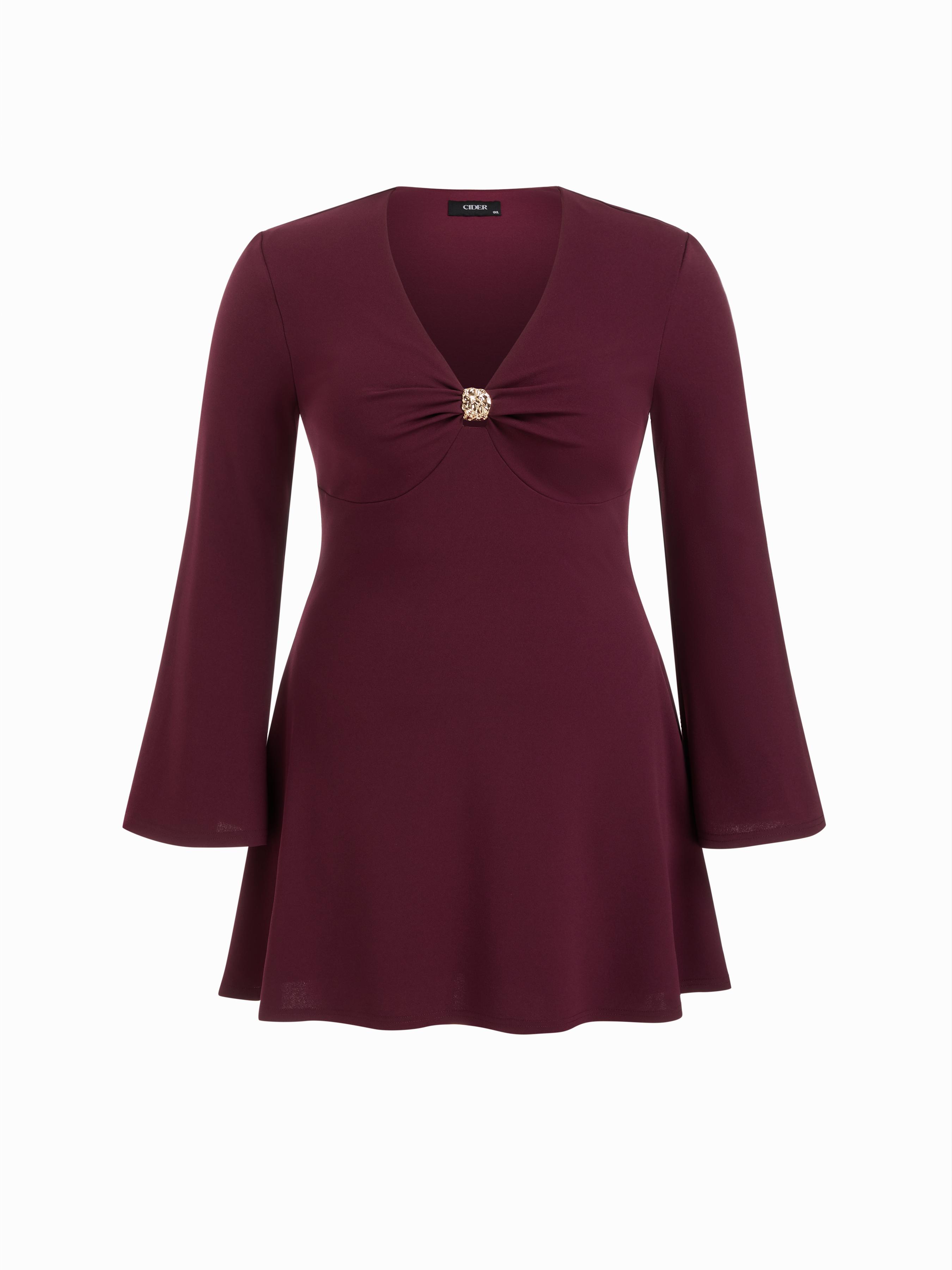 V-neck Bell Sleeve Metal Detail Mini Dress Curve & Plus by CIDER