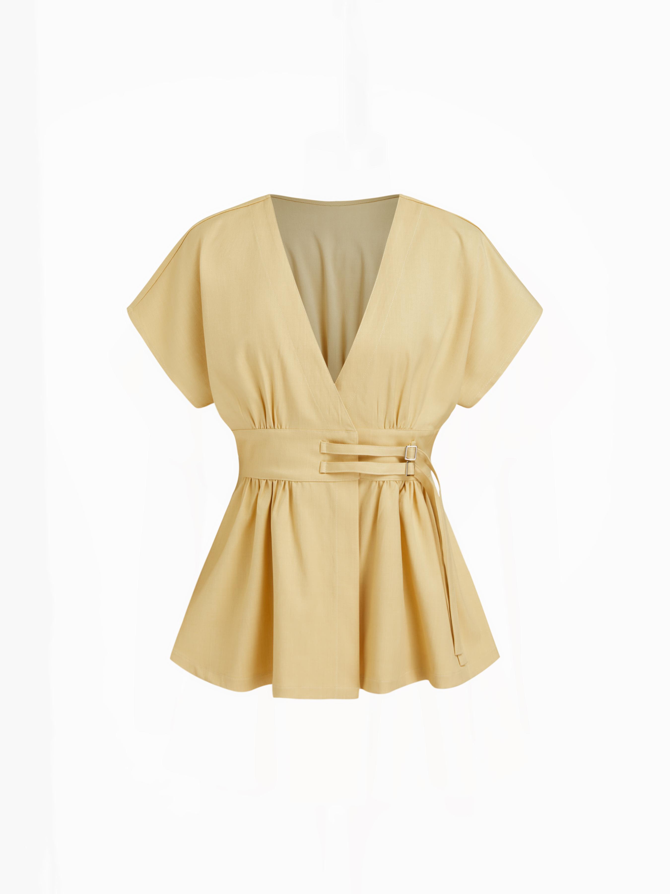 V-neck Belted Cinched Waist Blouse by CIDER