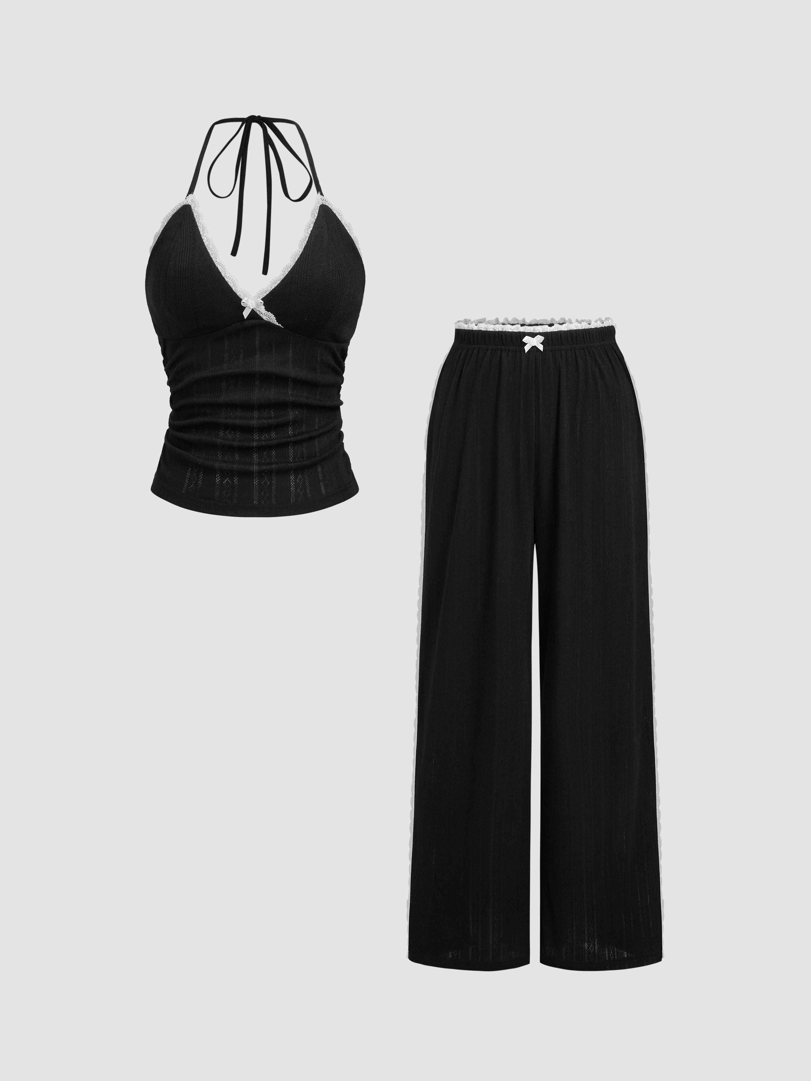 V-neck Bowknot Ruched Lace Trim Halter Top & Mid Rise Wide Leg Trousers Loungewear Set by CIDER