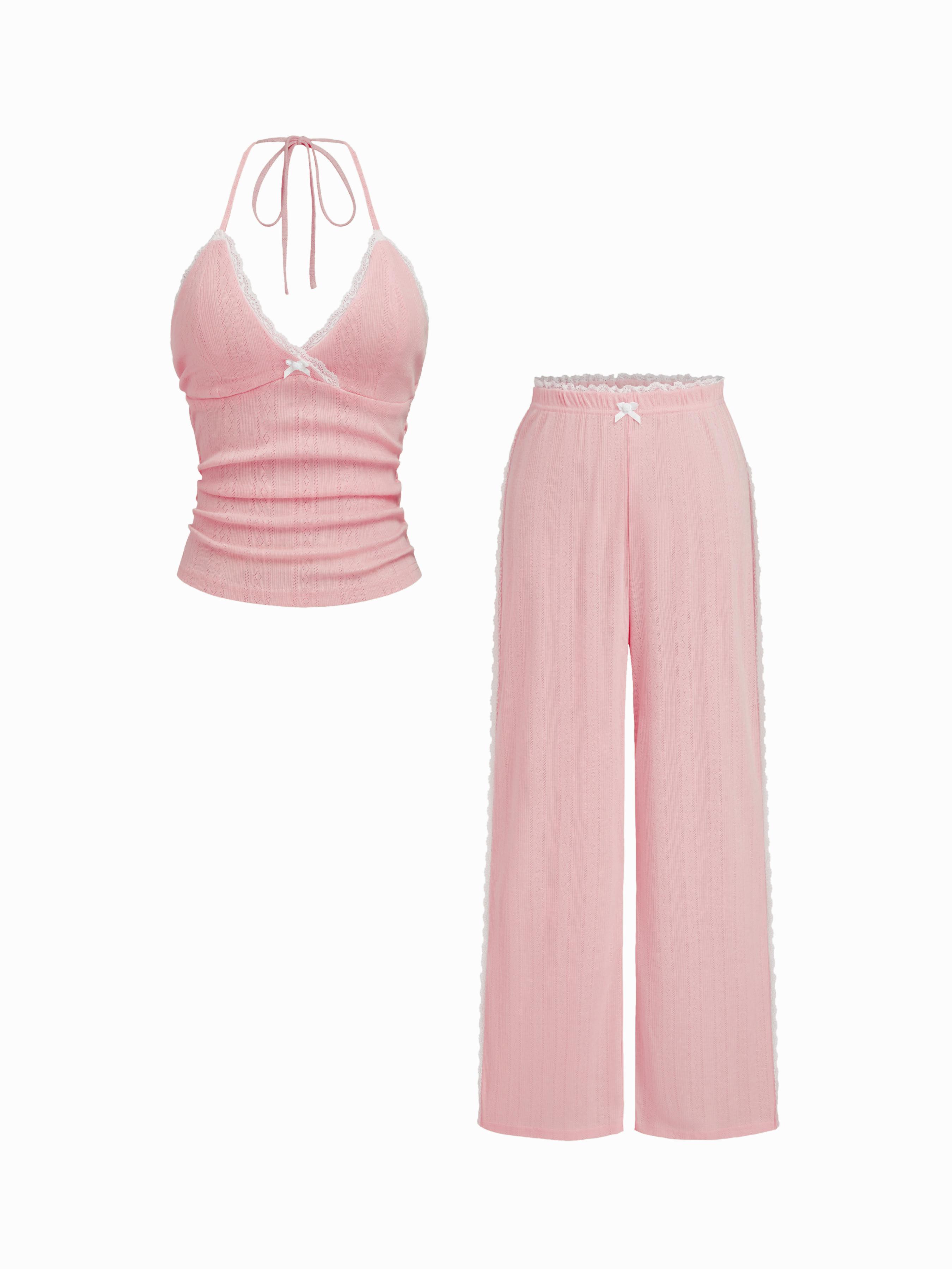 V-neck Bowknot Ruched Lace Trim Halter Top & Mid Rise Wide Leg Trousers Loungewear Set by CIDER