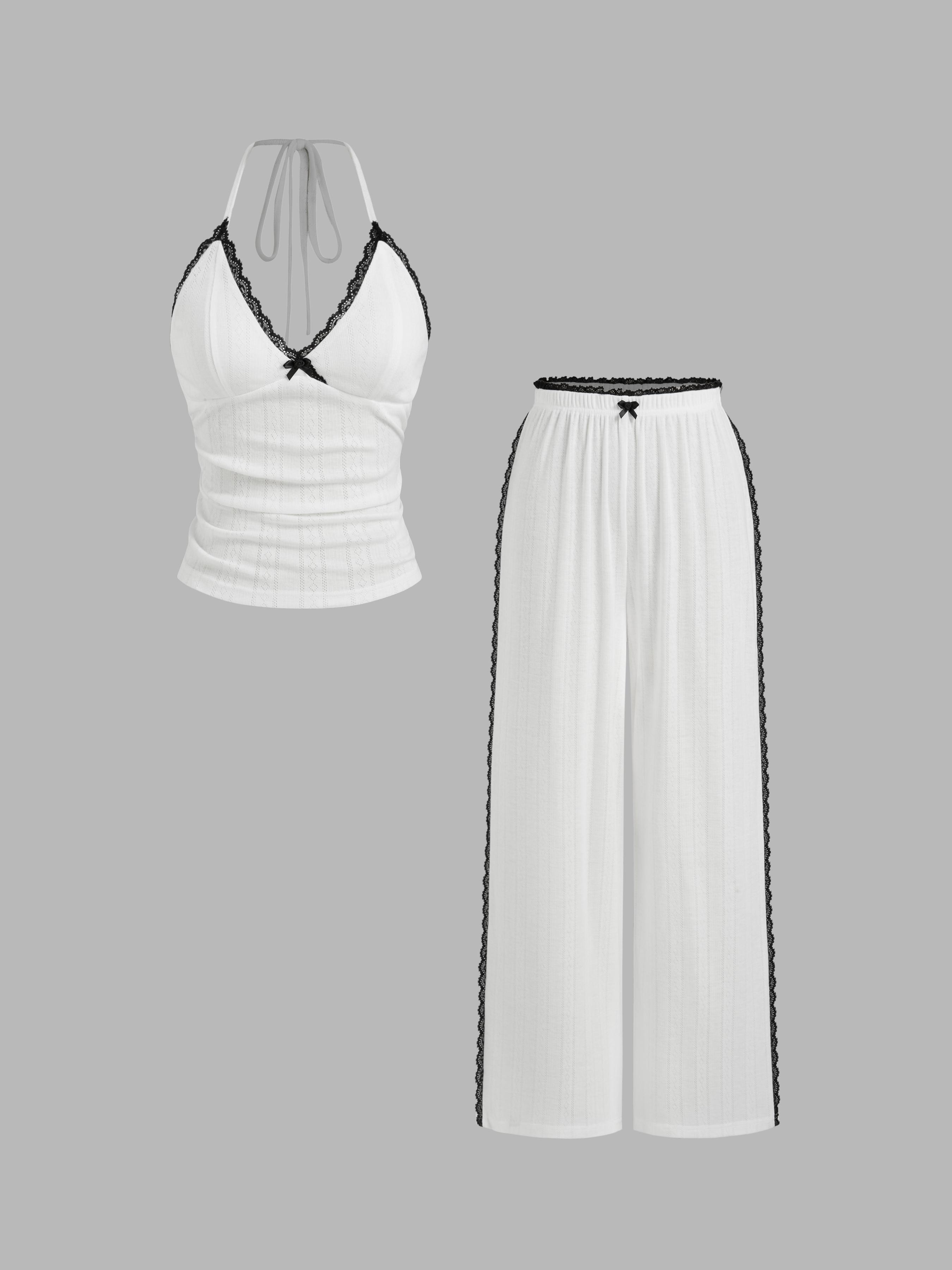 V-neck Bowknot Ruched Lace Trim Halter Top & Mid Rise Wide Leg Trousers Loungewear Set by CIDER