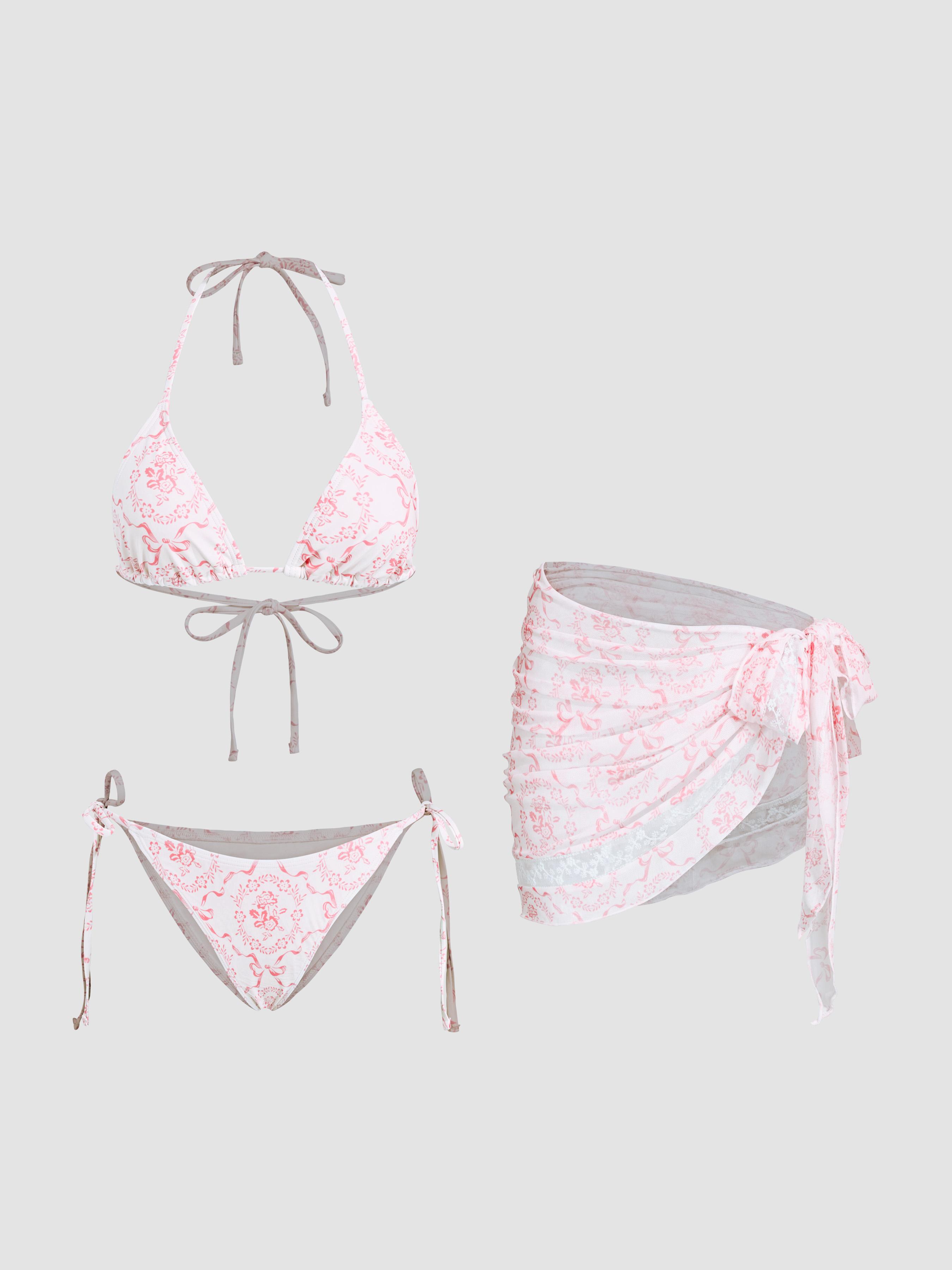 V-neck Bowknot & Flower Knotted Halter Tie Side Bikini Set With Lace Sarong by CIDER