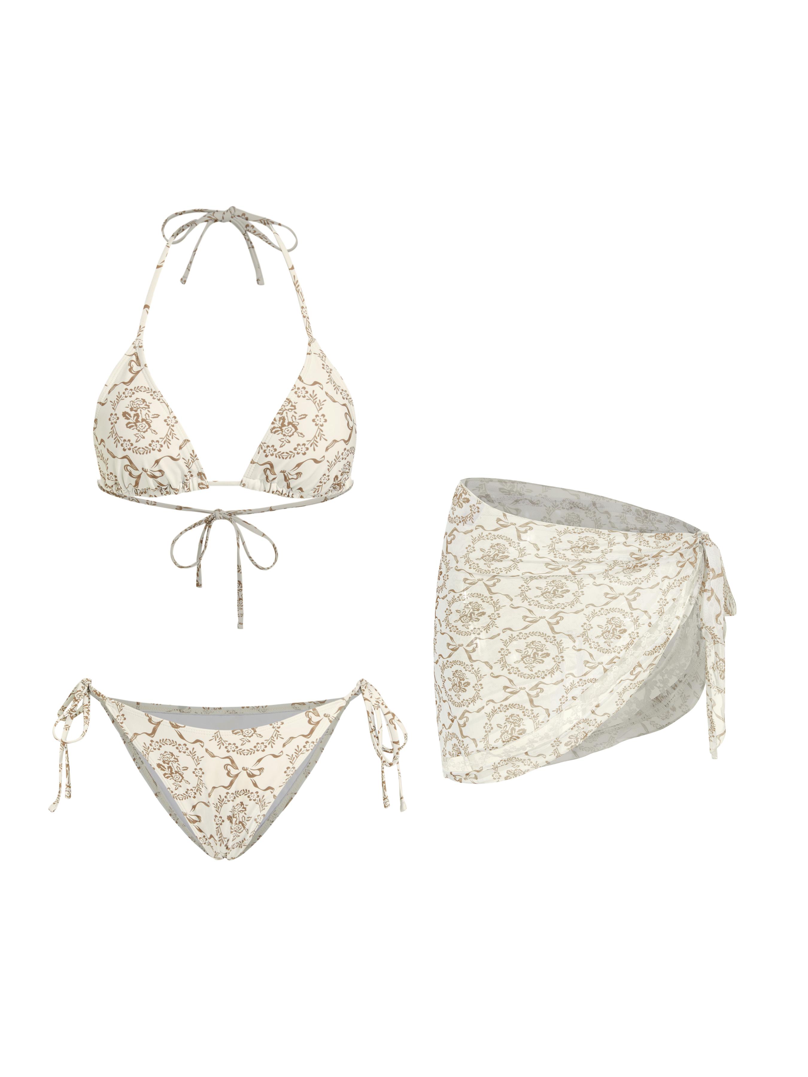 V-neck Bowknot & Flower Knotted Halter Tie Side Bikini Set With Lace Sarong by CIDER V-neck Bowknot & Flower Knotted Halter Tie Side Bikini Set With Lace Sarong by CIDER