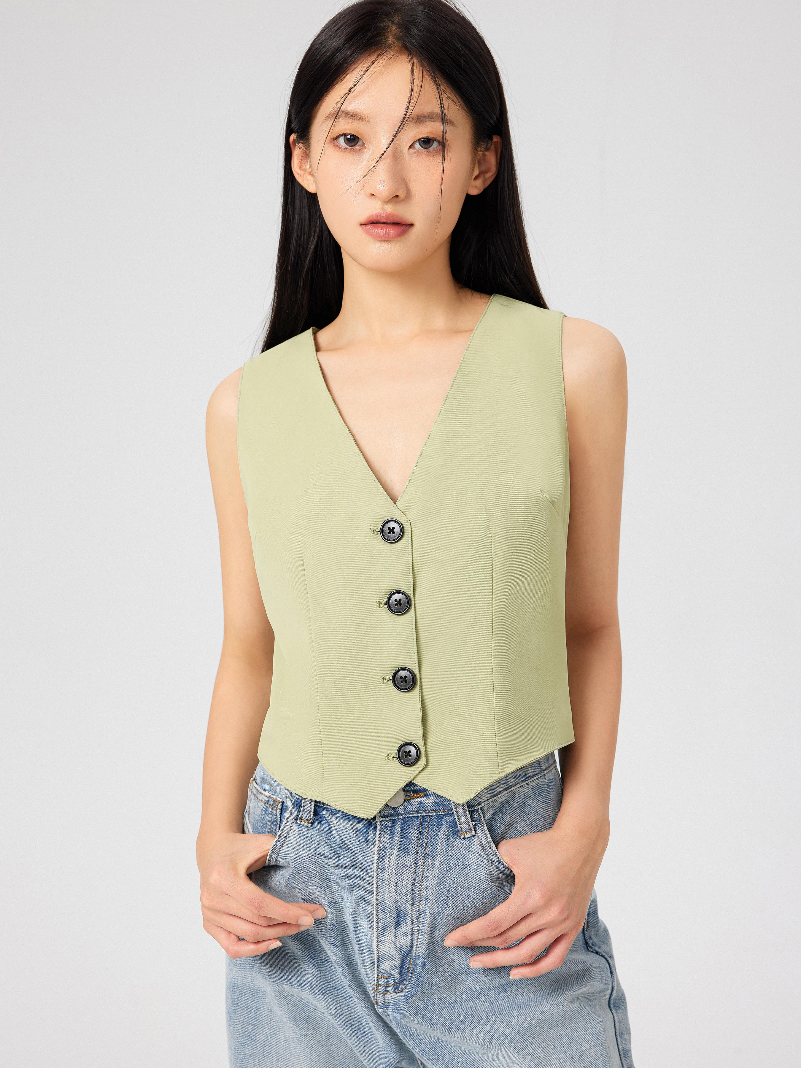 V-neck Button Tie Back Crop Vest by CIDER