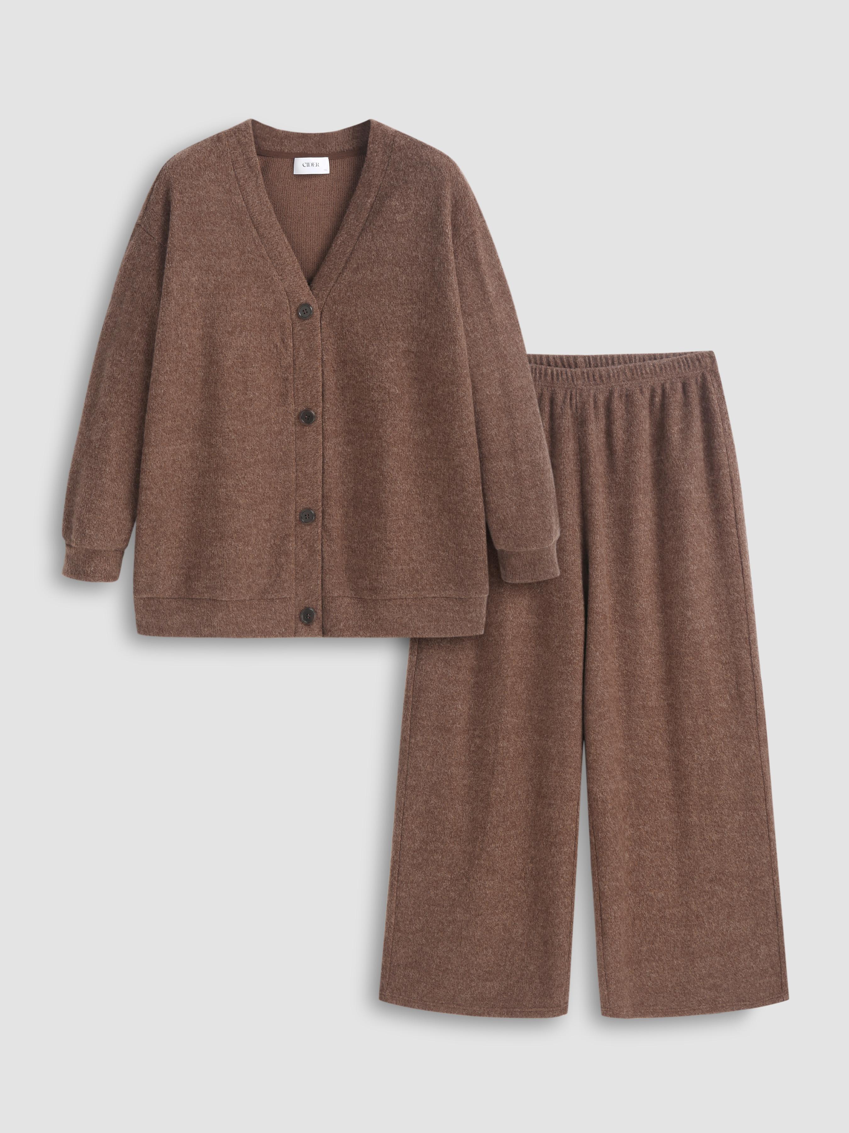 V-neck Button Top & High Waist Flared Trousers Loungewear Set Curve & Plus by CIDER