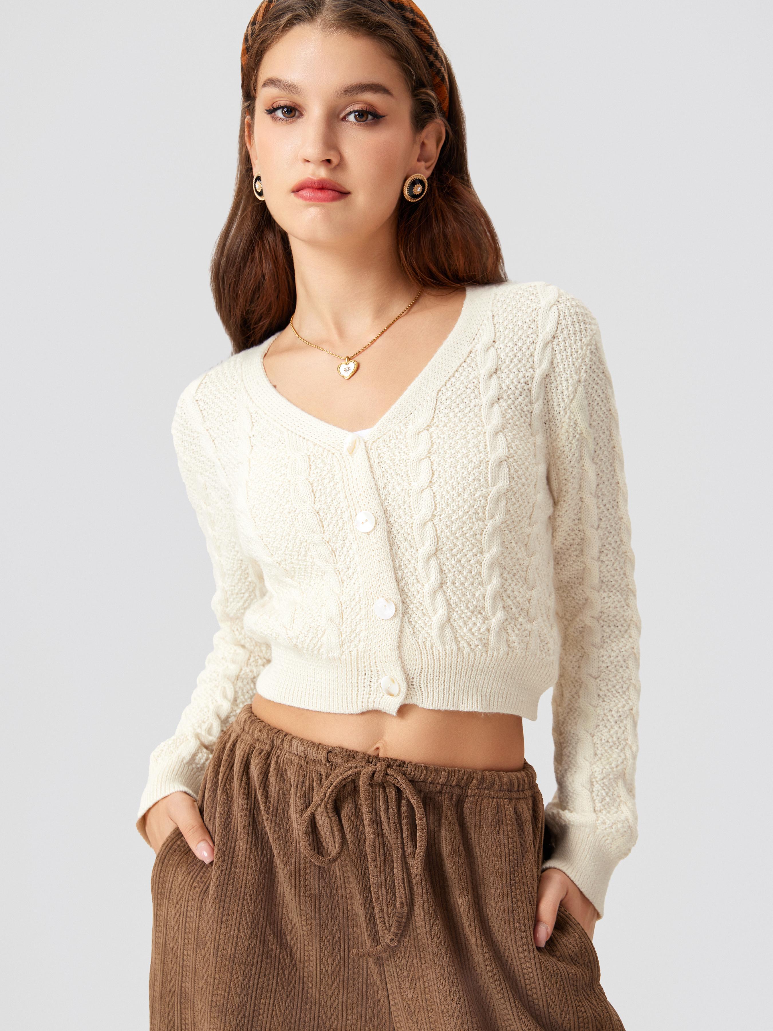 V-neck Cable Knit Button Cardigan by CIDER