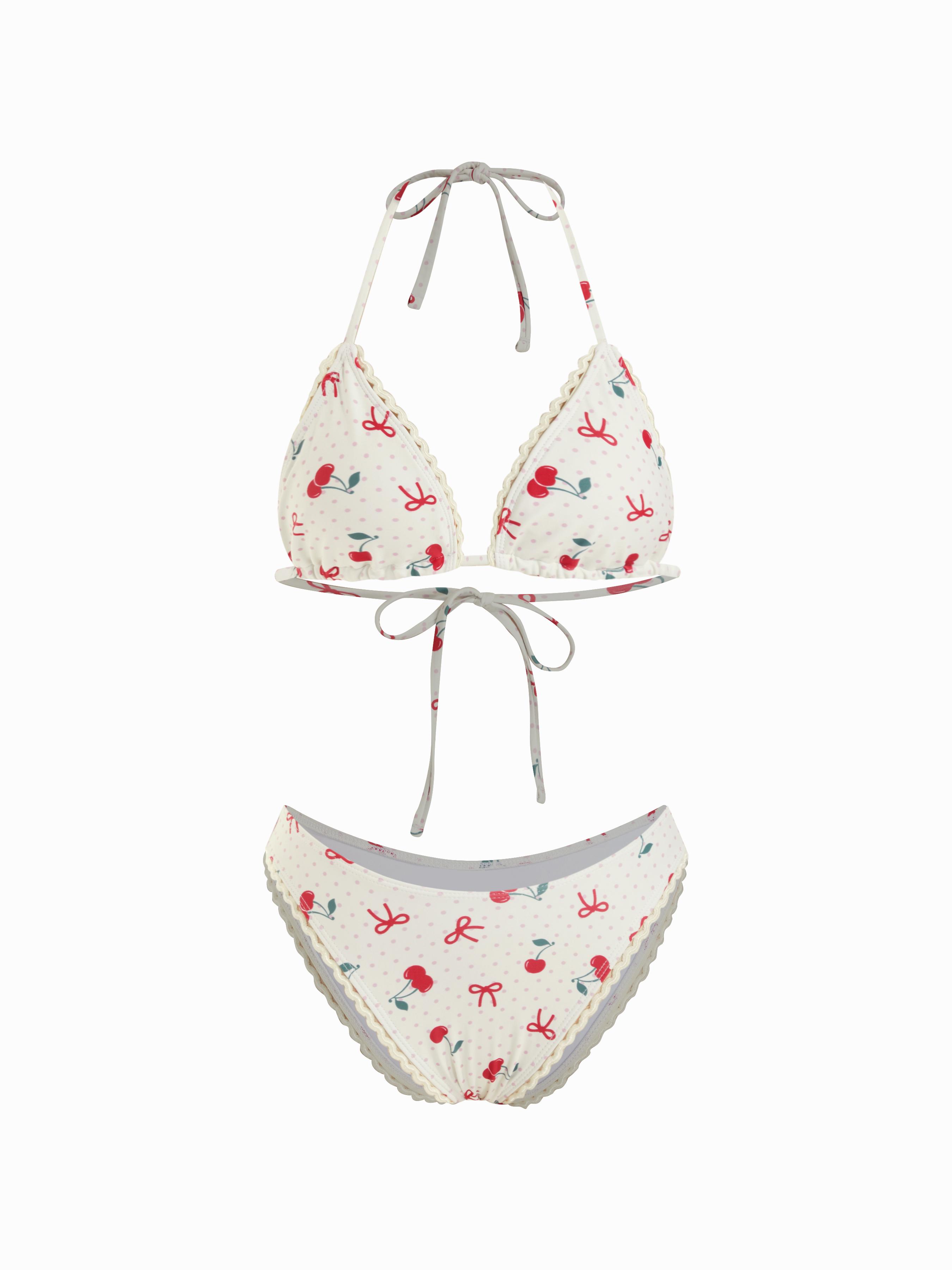 V-neck Check Cherry Graphic Contrasting Binding Halter Cheeky Bikini Swimsuit by CIDER