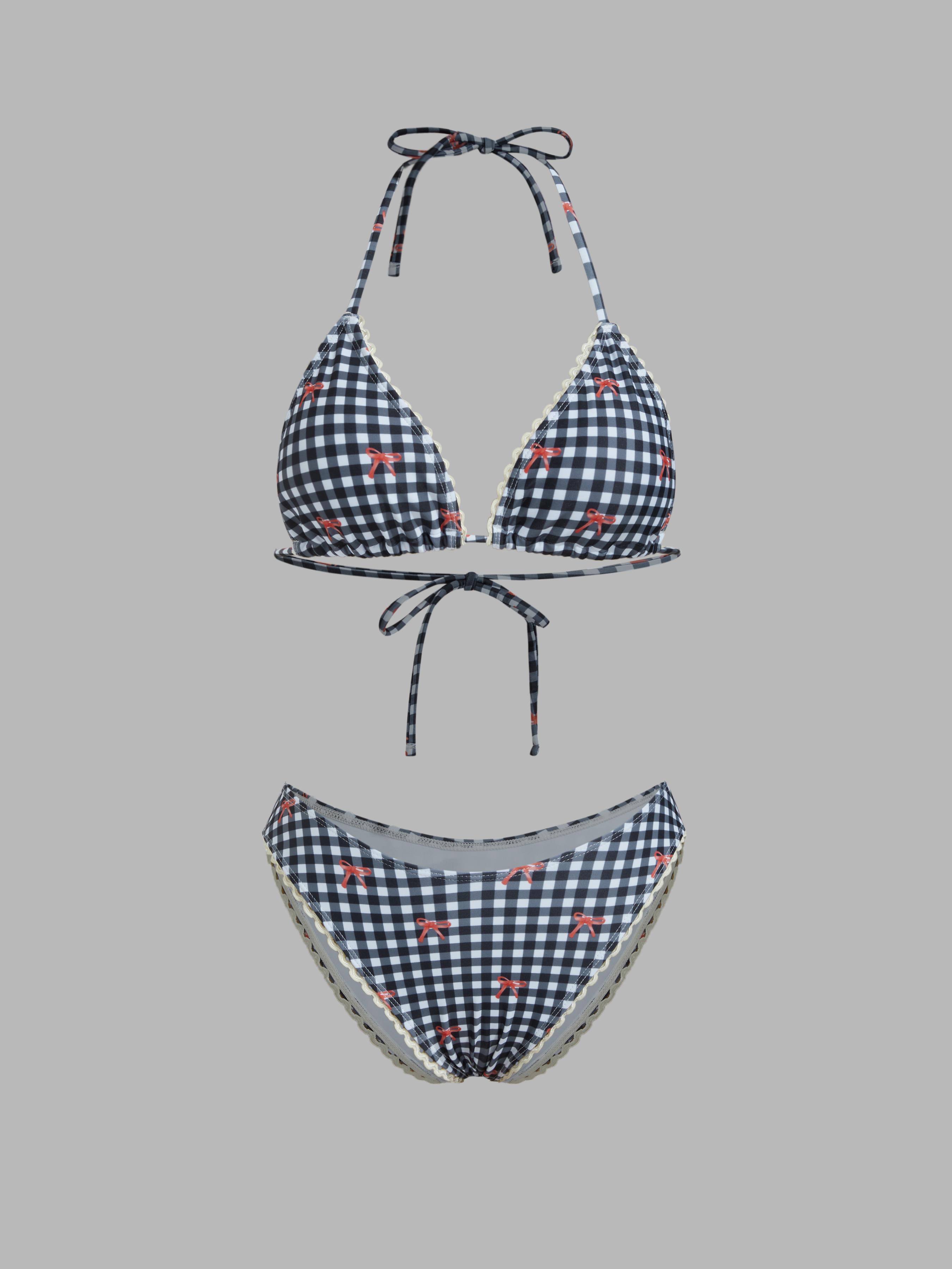 V-neck Check Cherry Graphic Contrasting Binding Halter Cheeky Bikini Swimsuit by CIDER