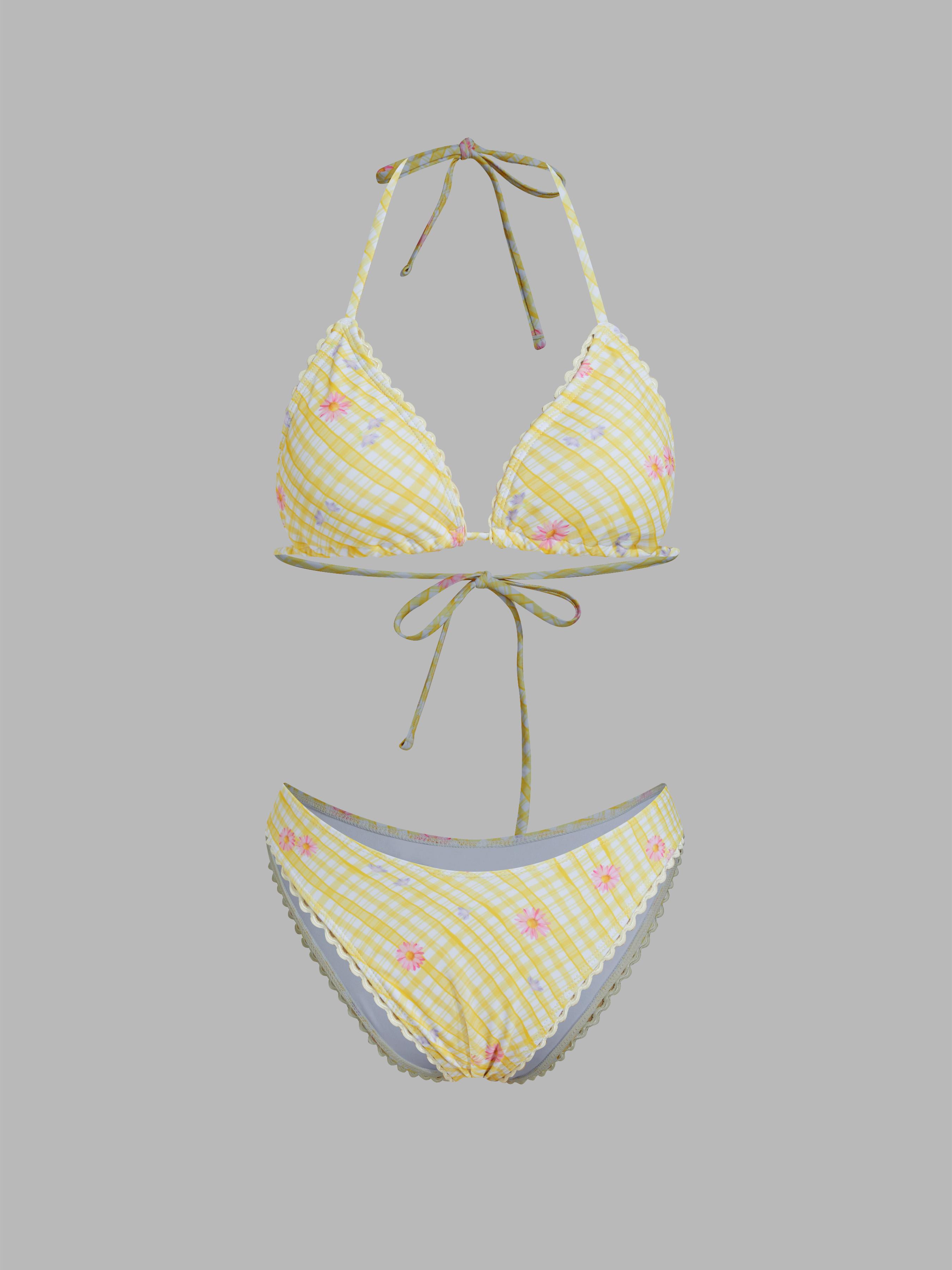 V-neck Check Cherry Graphic Contrasting Binding Halter Cheeky Bikini Swimsuit by CIDER