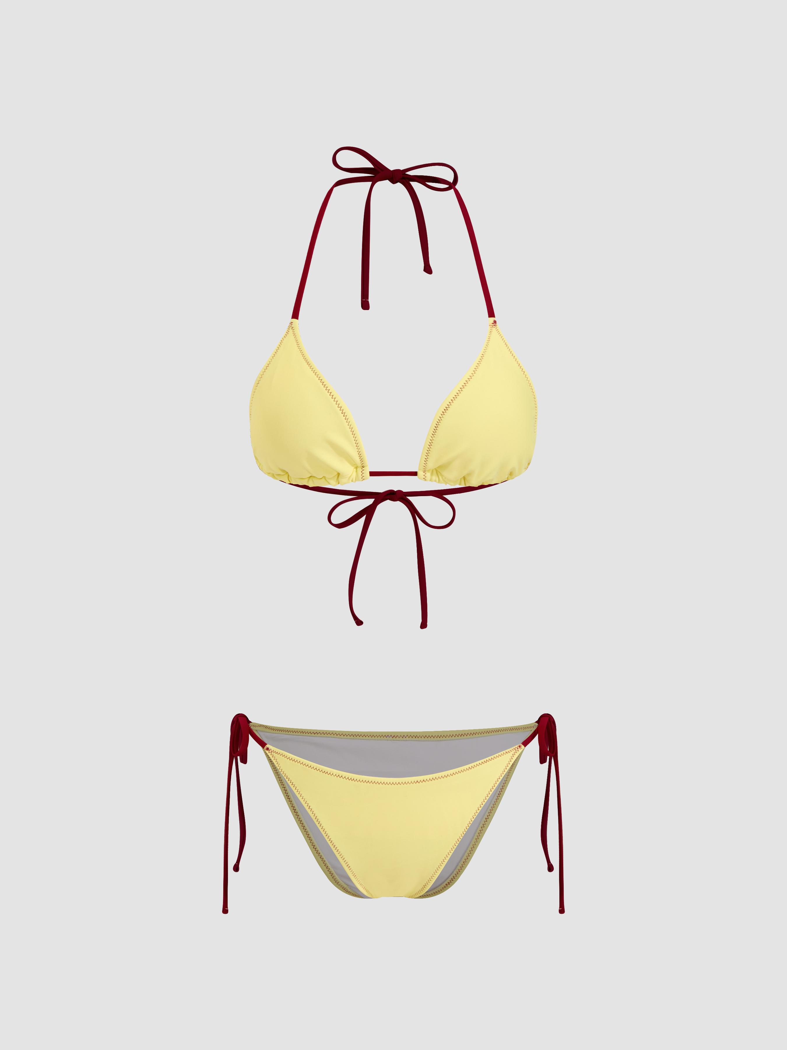 V-neck Contrasting Binding Halter Tie Side Bikini Set by CIDER