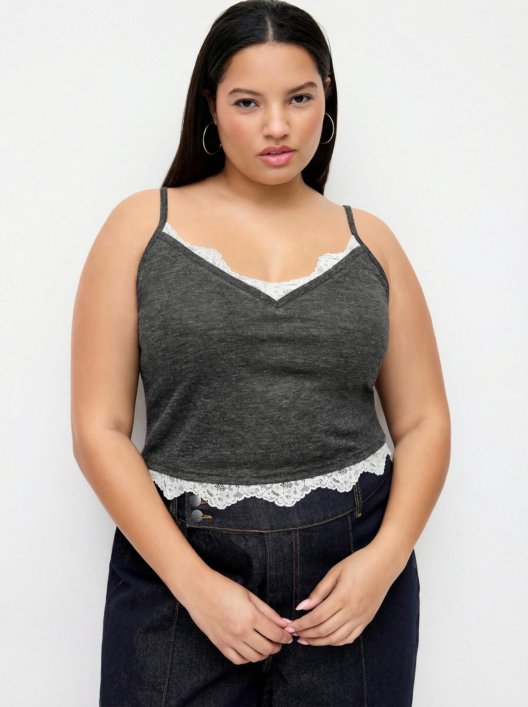 V-neck Contrasting Lace Cami Top Curve & Plus by CIDER