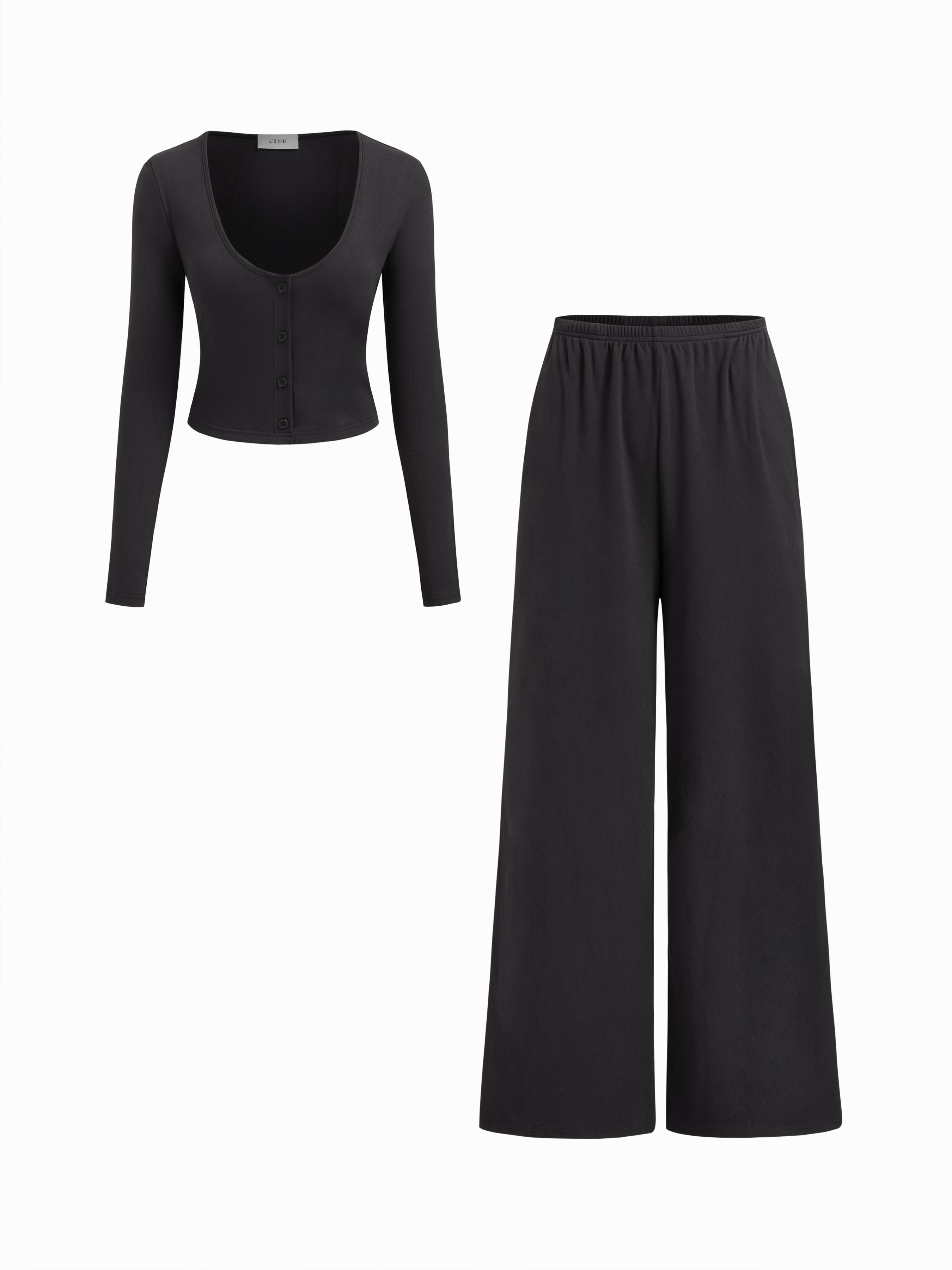 V-neck Cropped Top & Mid Rise Elastic Waist Wide Leg Trousers Loungewear Set by CIDER
