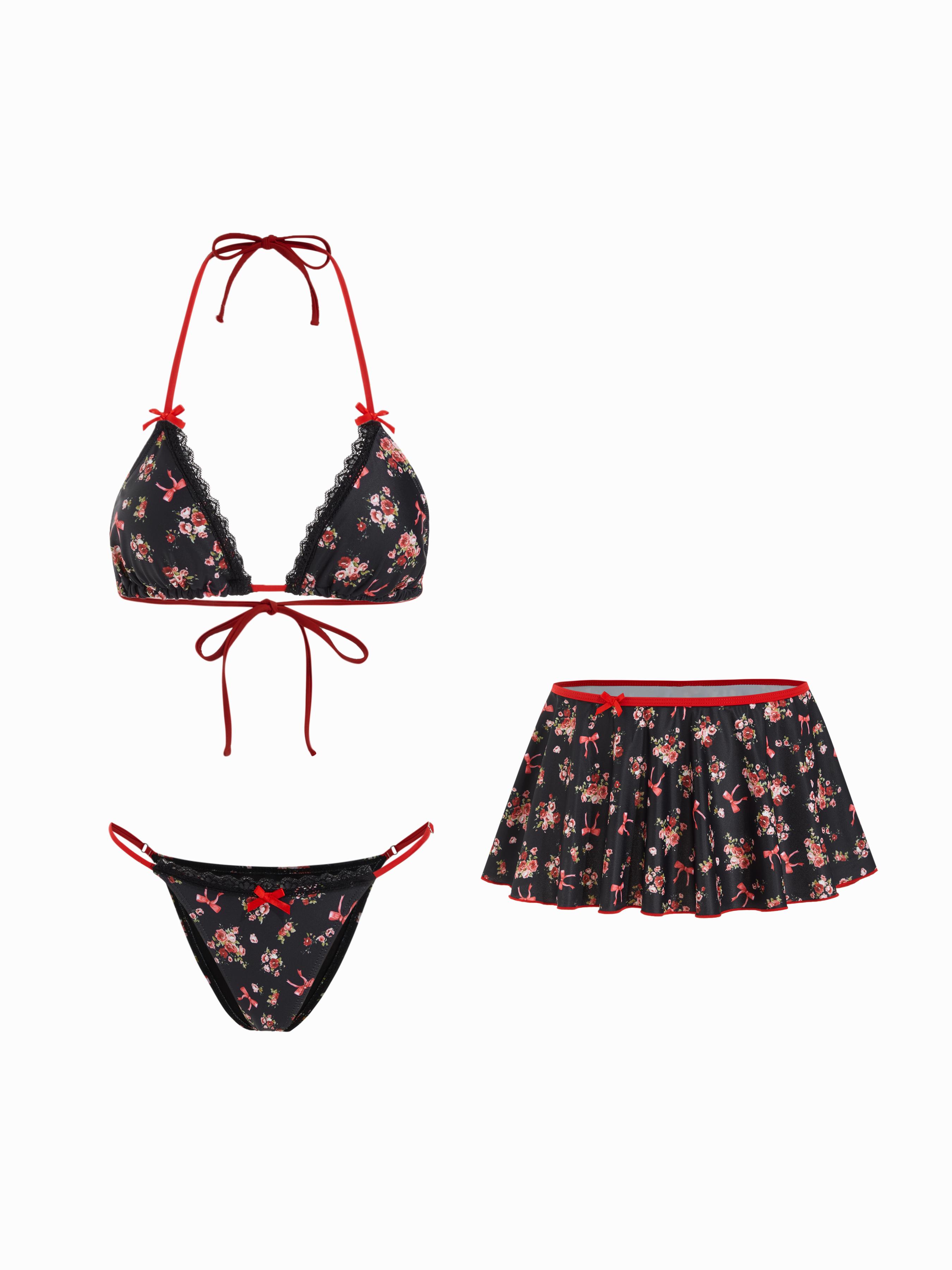 V-neck Floral Bowknot Halter Bikini Set & Cover Up Skirt by CIDER