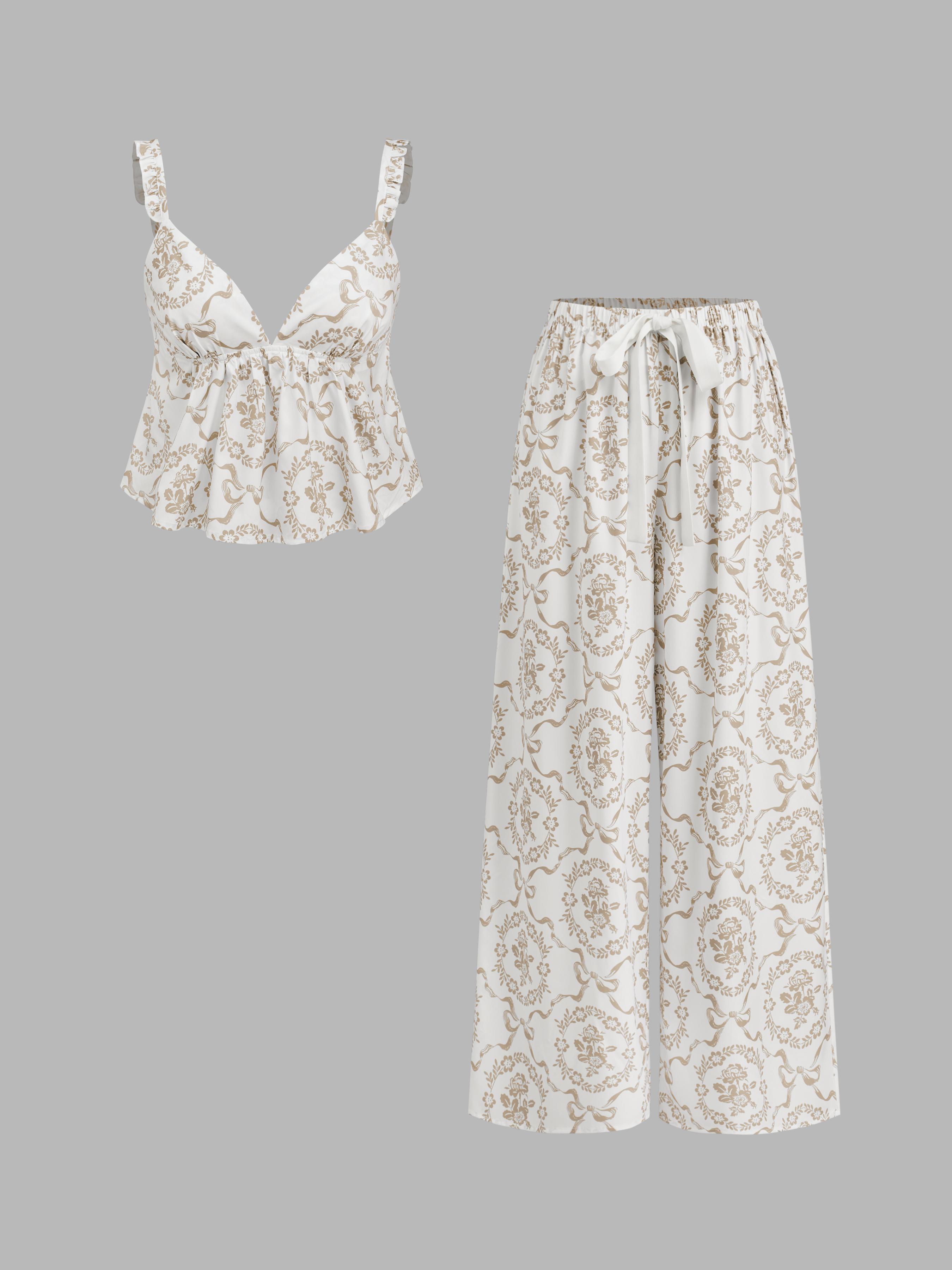 V-neck Floral Bowknot Tank Top & Mid Rise Drawstring Trousers Loungewear Set by CIDER