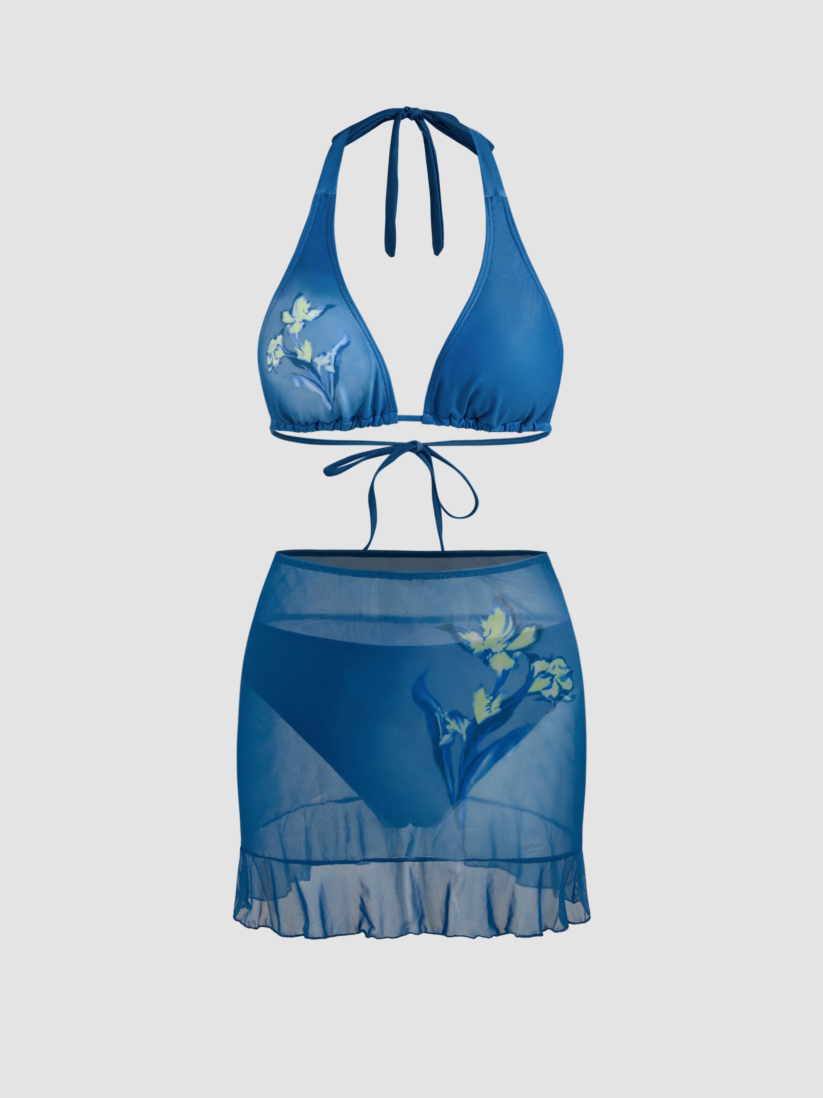 V-neck Floral Halter Cheeky Bikini Swimsuit With Floral Cover Up Skirt by CIDER