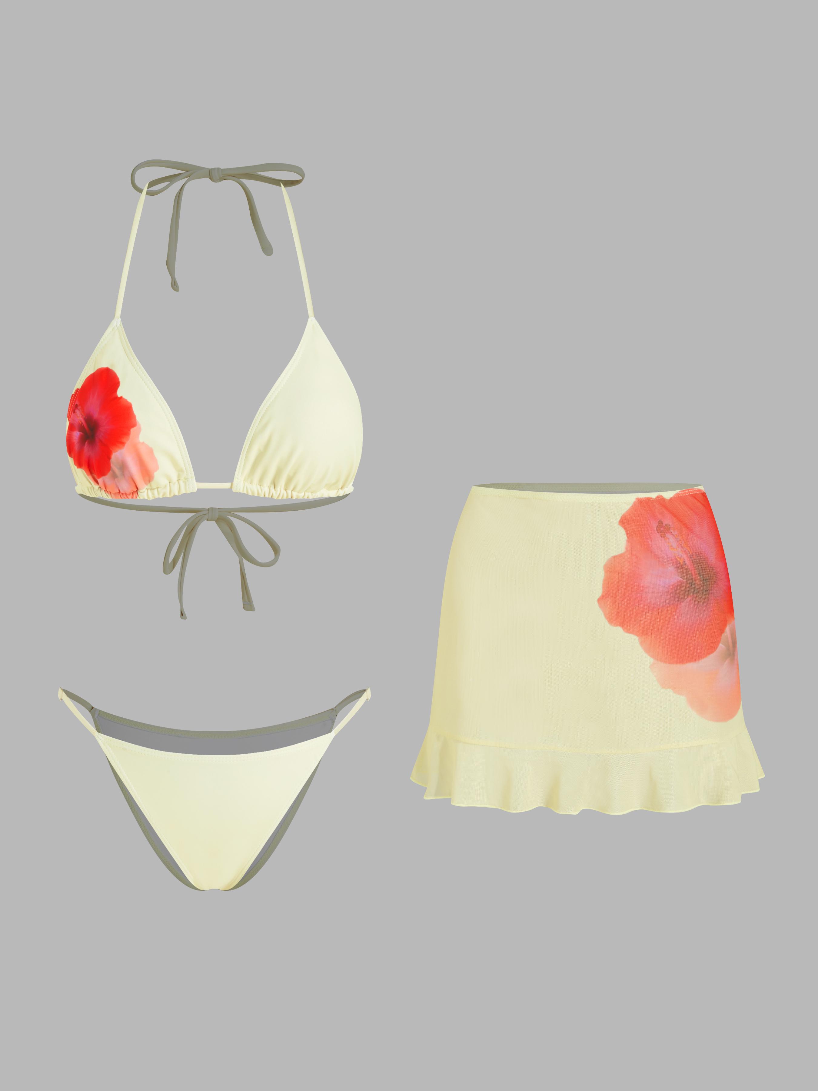 V-neck Floral Knotted Halter Bikini Set With Cover Up Skirt by CIDER