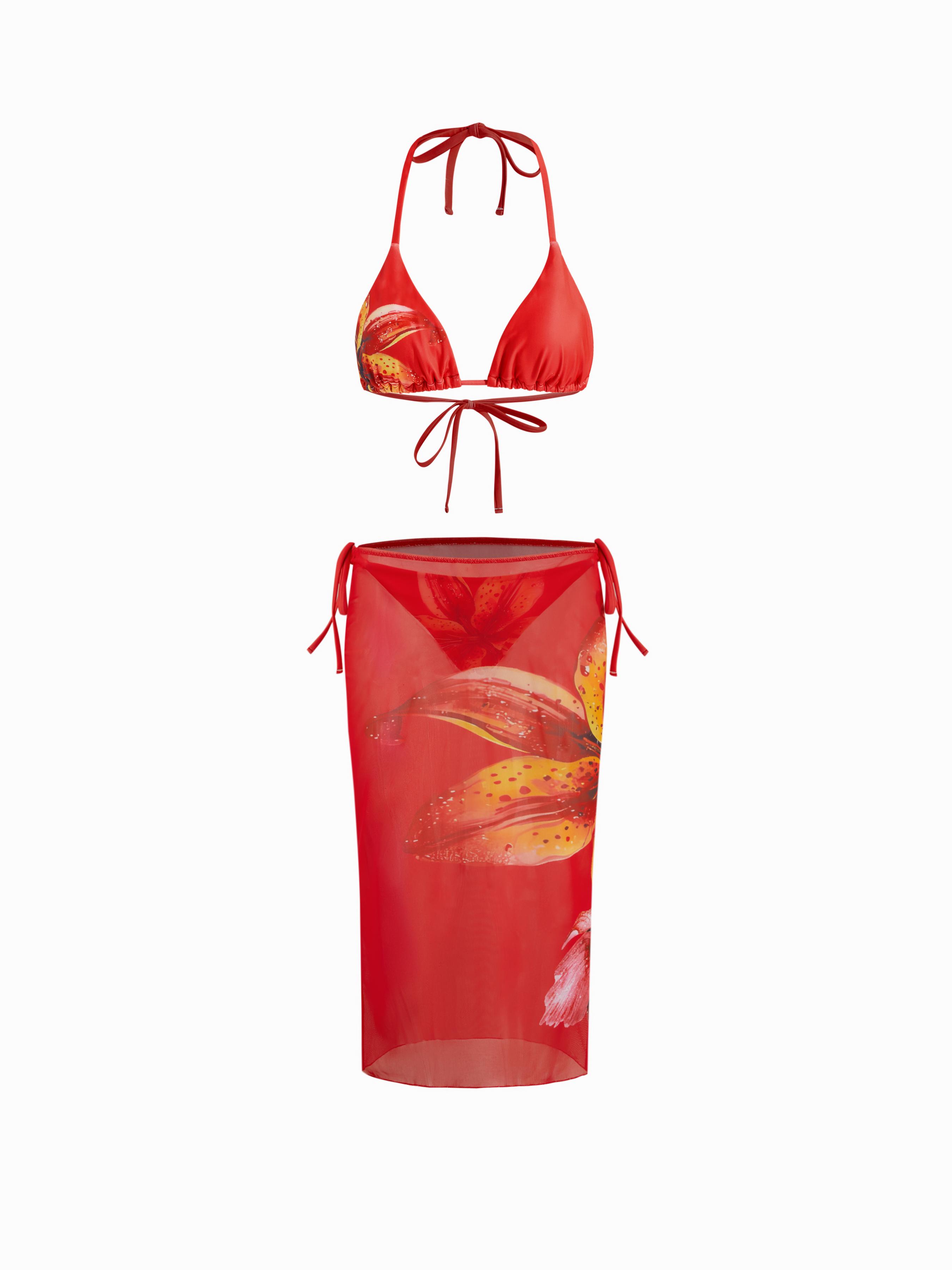 V-neck Floral Knotted Halter Tie Side Bikini Set With Cover Up Skirt by CIDER