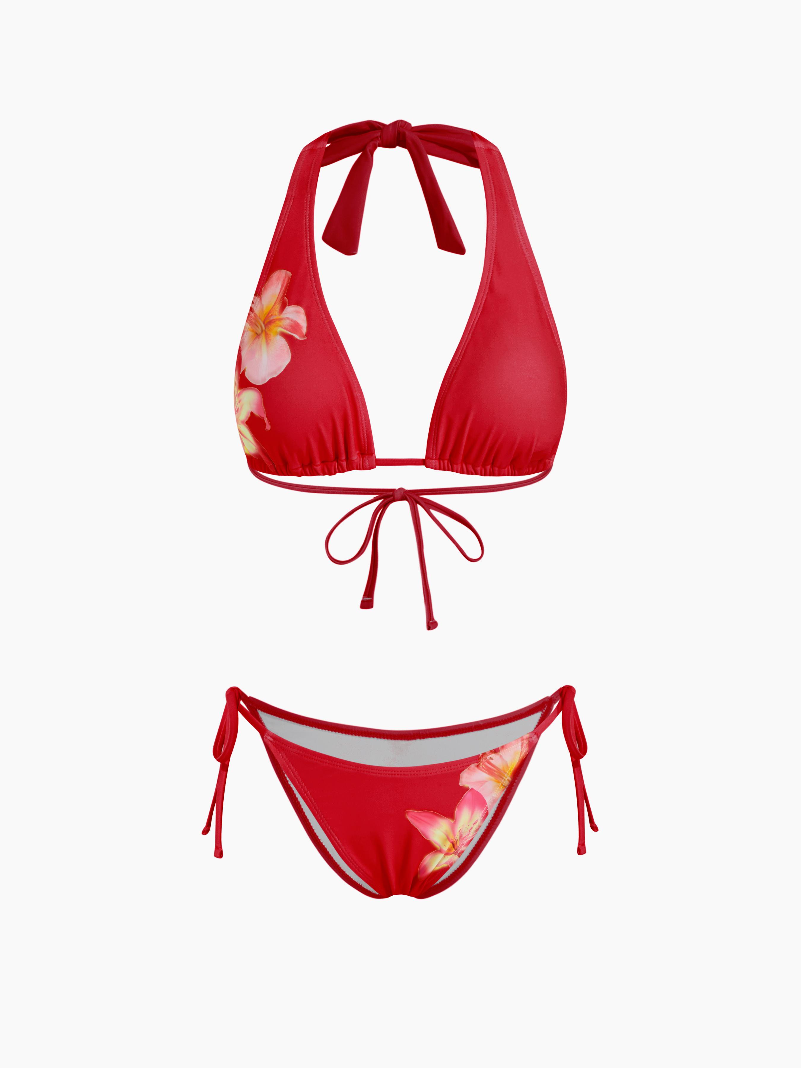 V-neck Floral Knotted Halter Tie Side Bikini Set by CIDER