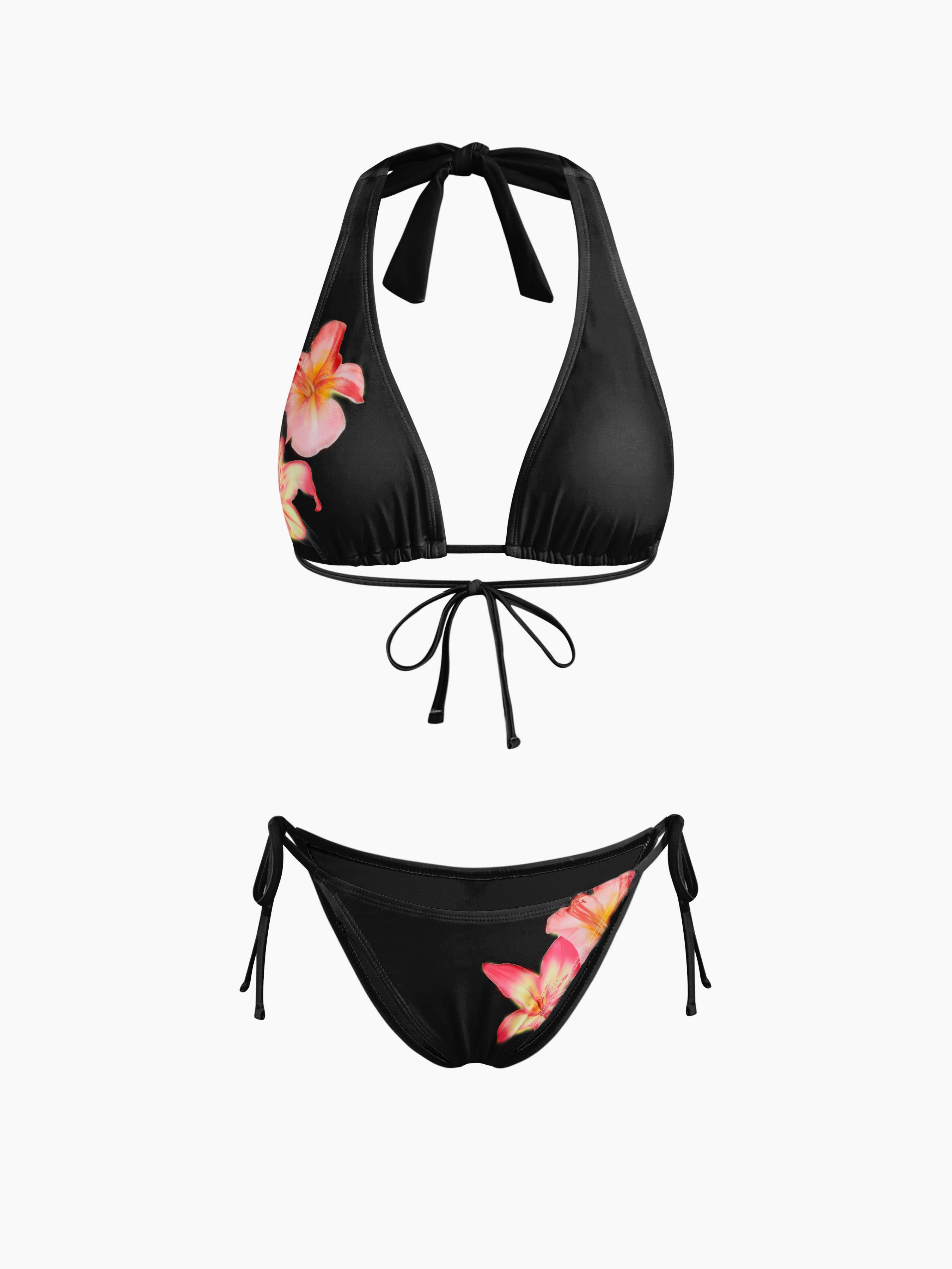 V-neck Floral Knotted Halter Tie Side Bikini Set by CIDER