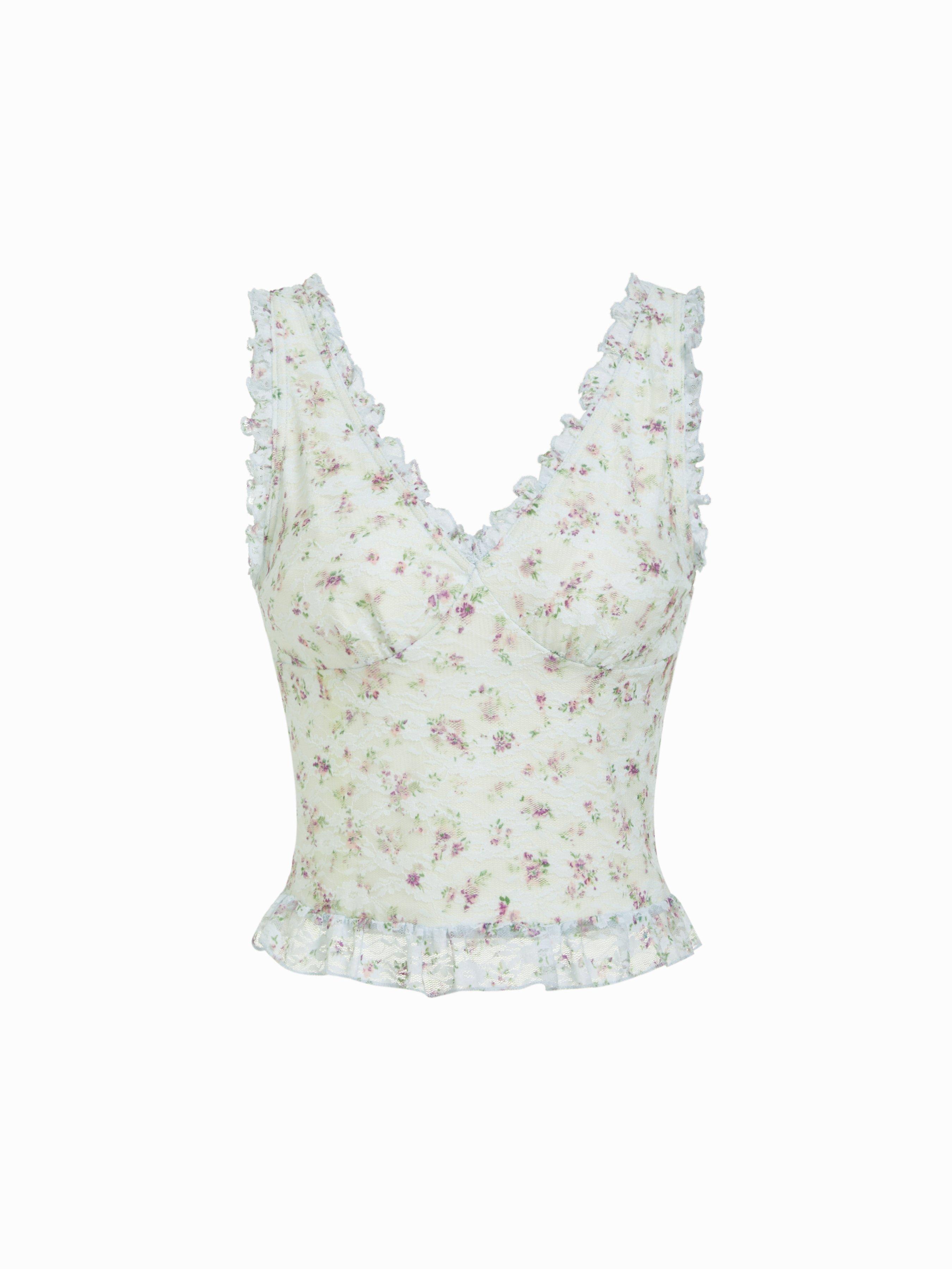 V-neck Floral Lace Trim Ruffle Hem Tank Top by CIDER