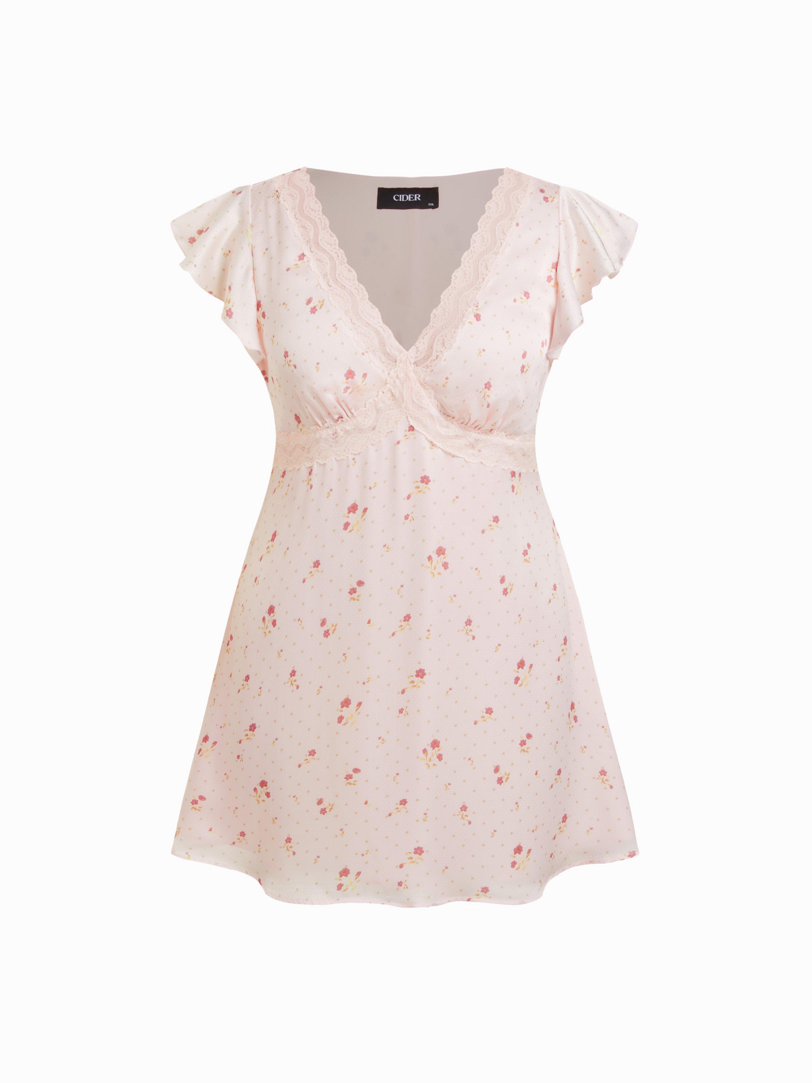 V-neck Floral Lace Trim Tie Back Ruffle Sleeve A-line Mini Dress Curve & Plus by CIDER