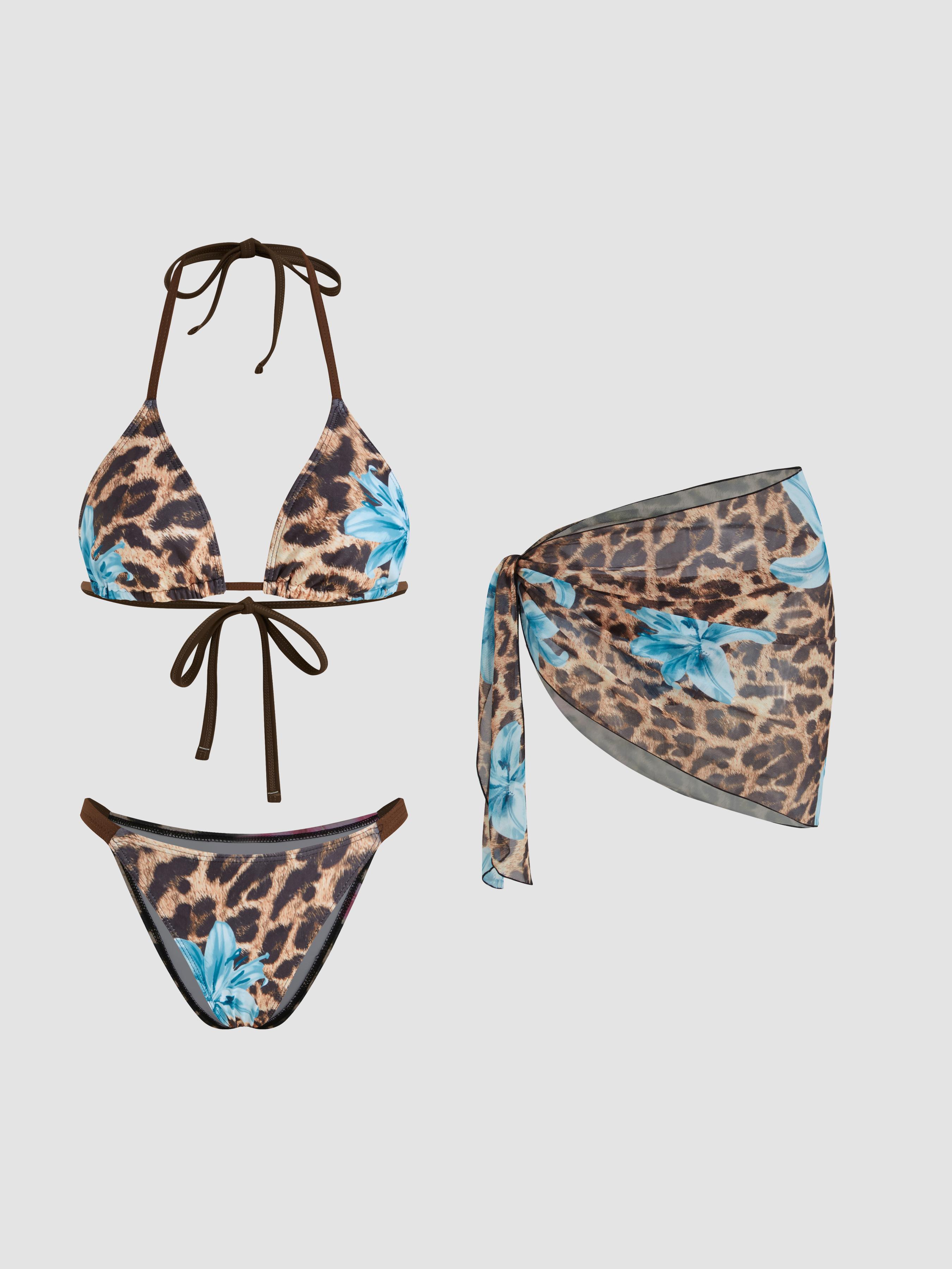 V-neck Floral Leopard Halter Cheeky Bikini Set With Sarong by CIDER