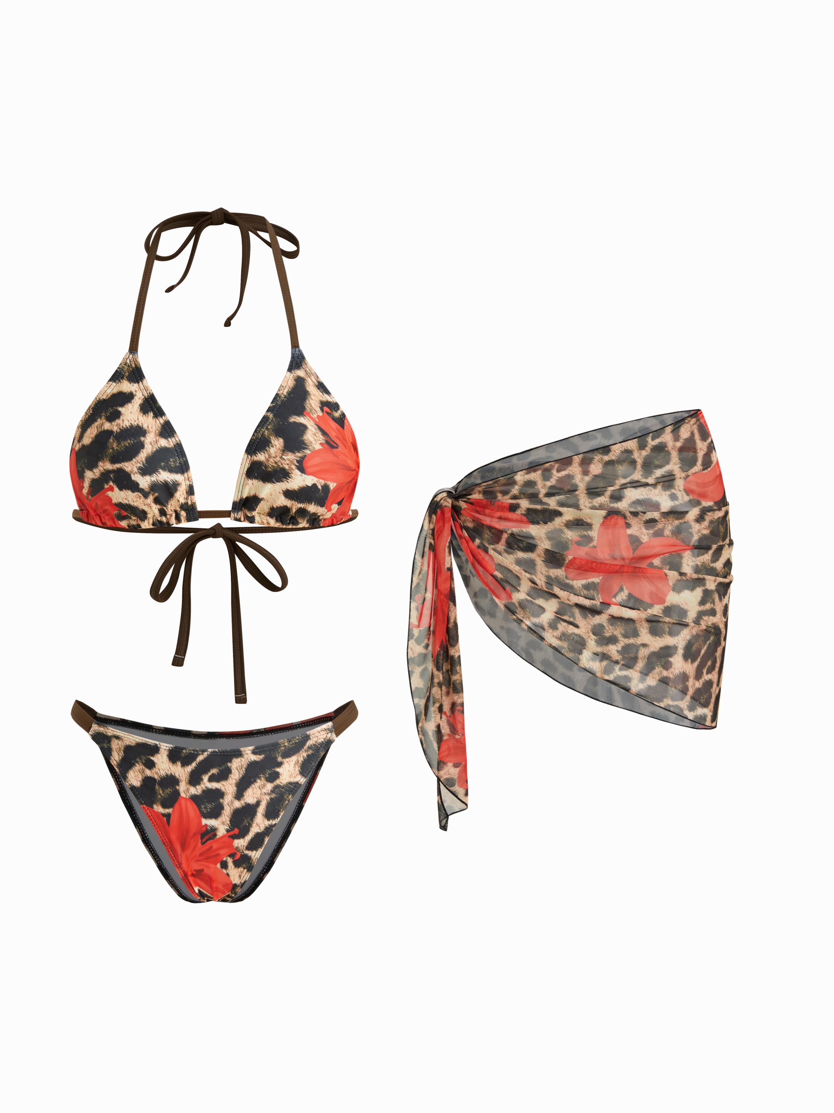V-neck Floral Leopard Halter Cheeky Bikini Set With Sarong by CIDER