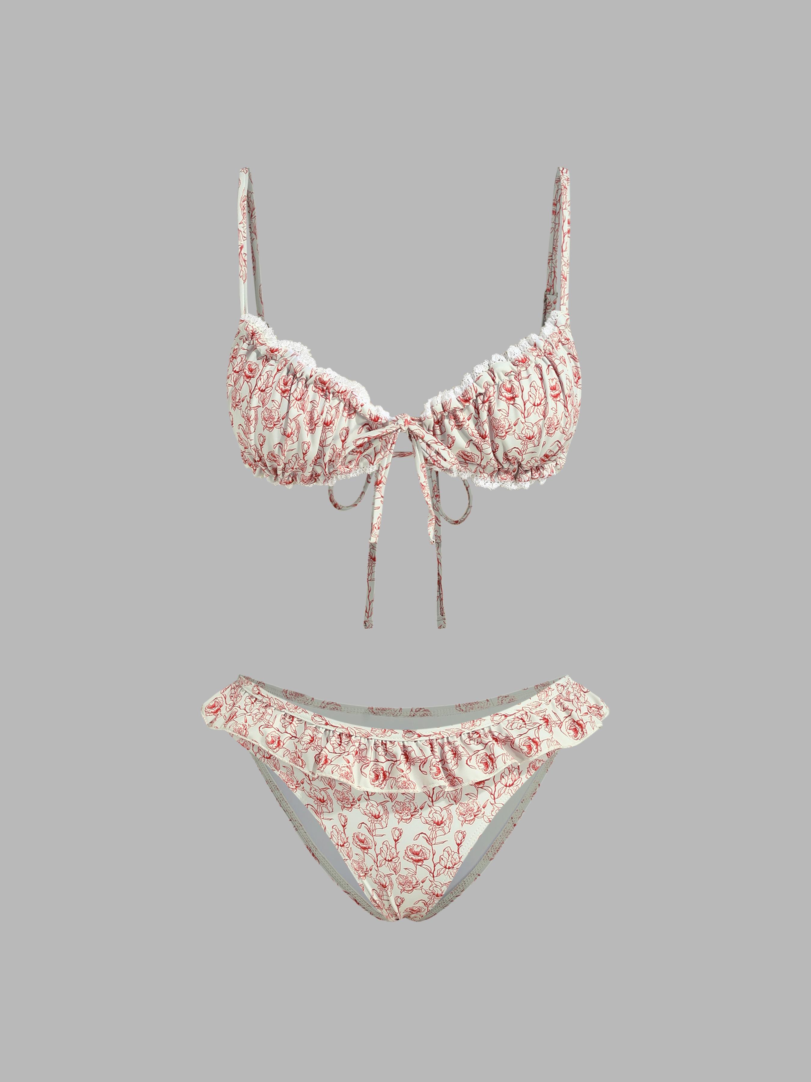 V-neck Floral Lettuce Trim Bracelet Cheeky Bikini Set by CIDER